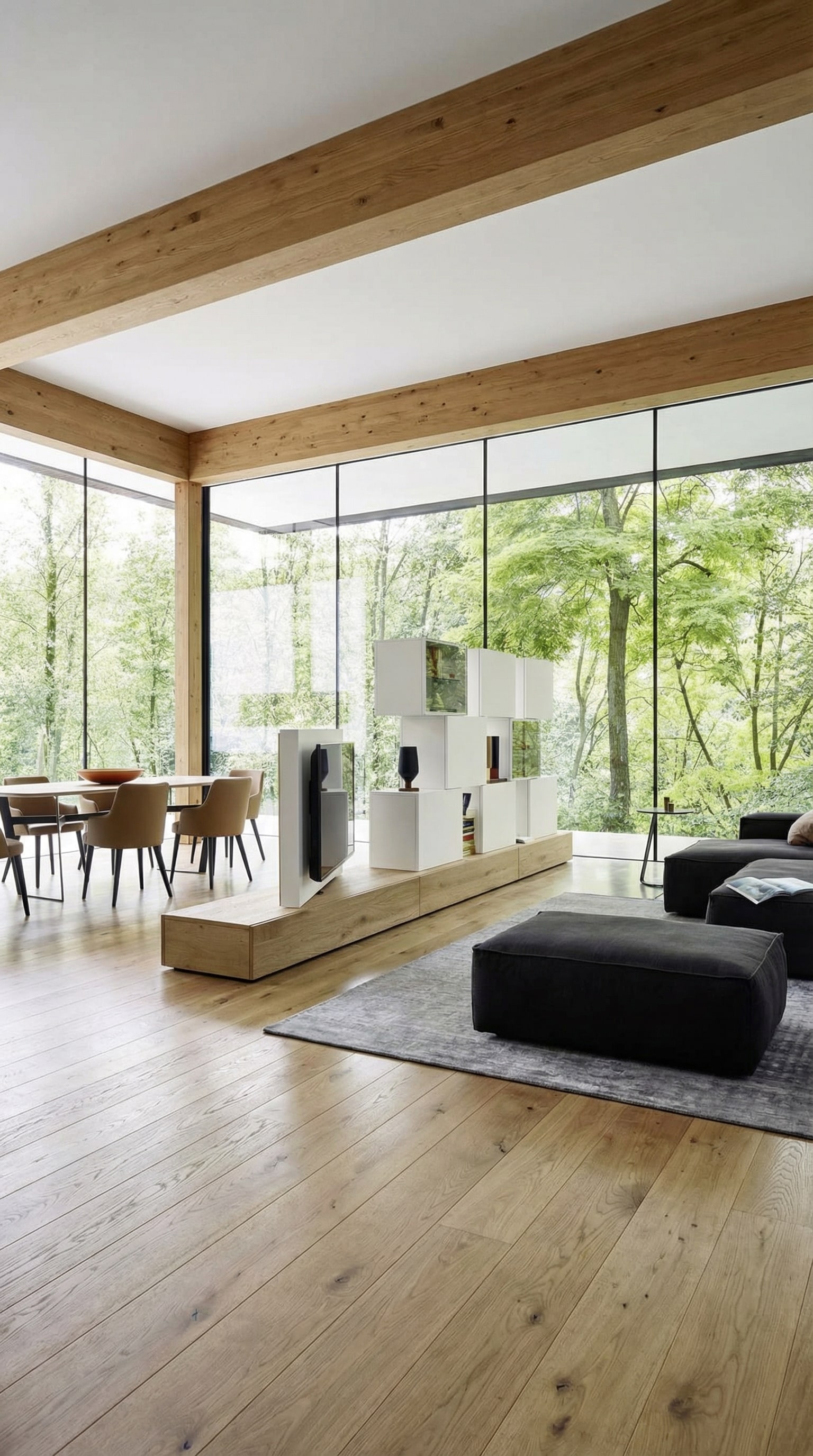 Meuble TV moderne autoportant comme s&eacute;parateur de pi&egrave;ce dans un espace de vie ouvert