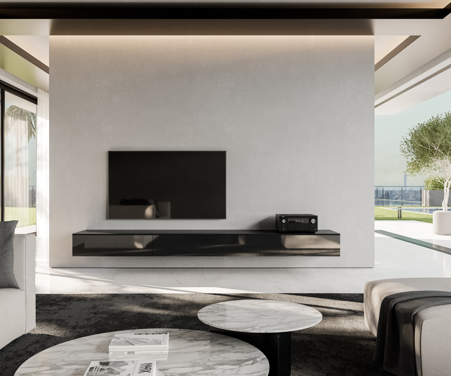 TV Lowboard suspendu en noir mat avec portes battantes TV Lowboard suspendu en noir mat avec portes battantes