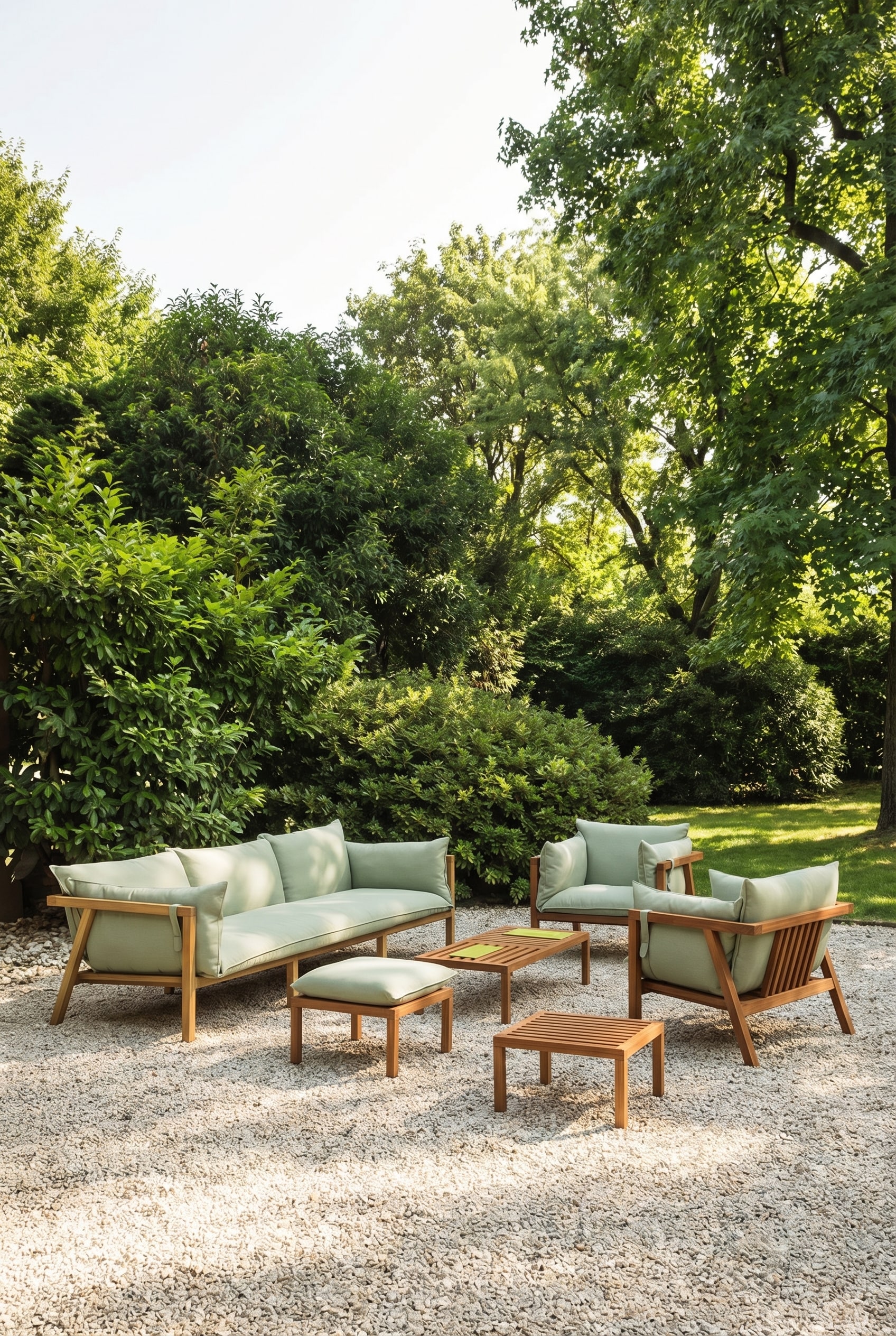 Salon d'ext&eacute;rieur moderne en bois avec des coussins &eacute;pais &agrave; s&eacute;chage rapide sur une terrasse ensoleill&eacute;e