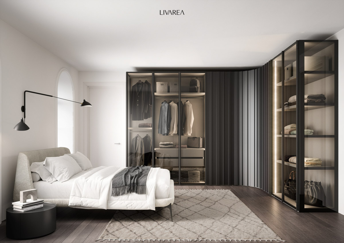 Idées de dressing de luxe comme armoire d'angle avec portes en verre et éclairage