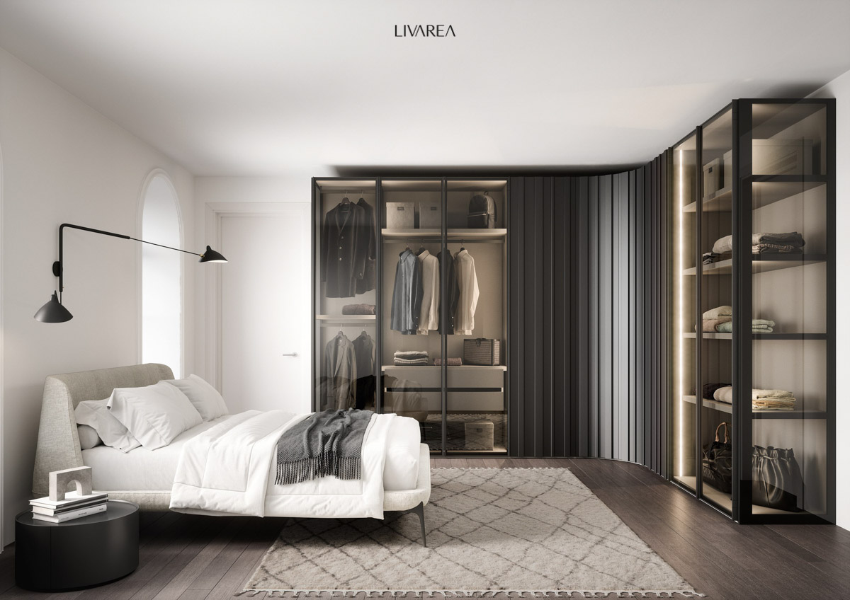 Idées de dressing de luxe comme armoire d'angle avec portes en verre et éclairage Idées de dressing de luxe comme armoire d'angle avec portes en verre et éclairage