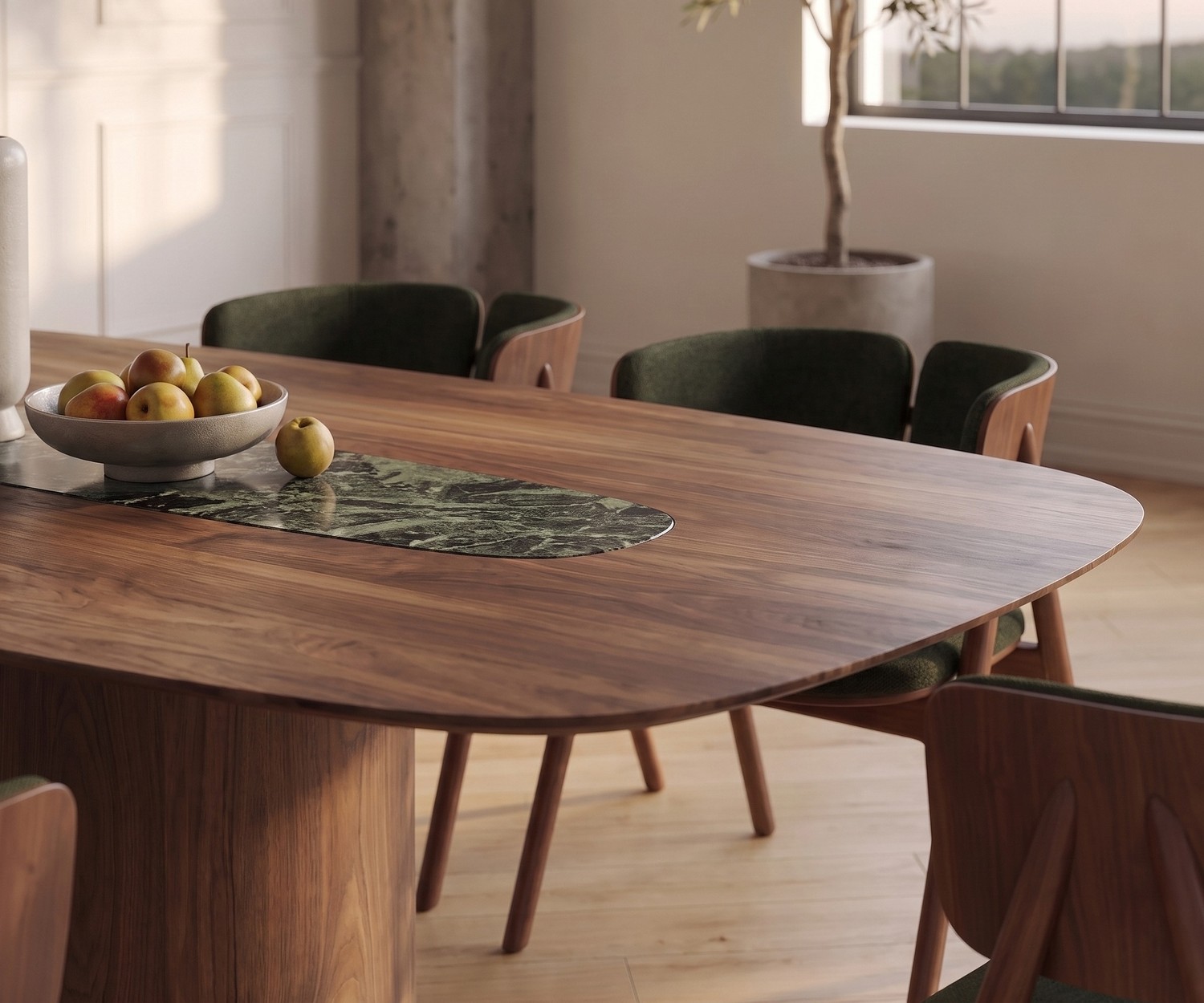 Table à manger design ovale al2 el-it c 001 avec piètement en bois Table à manger al2 el-it c 001 avec plateau en céramique sombre et piètement en bois dans une salle à manger moderne.