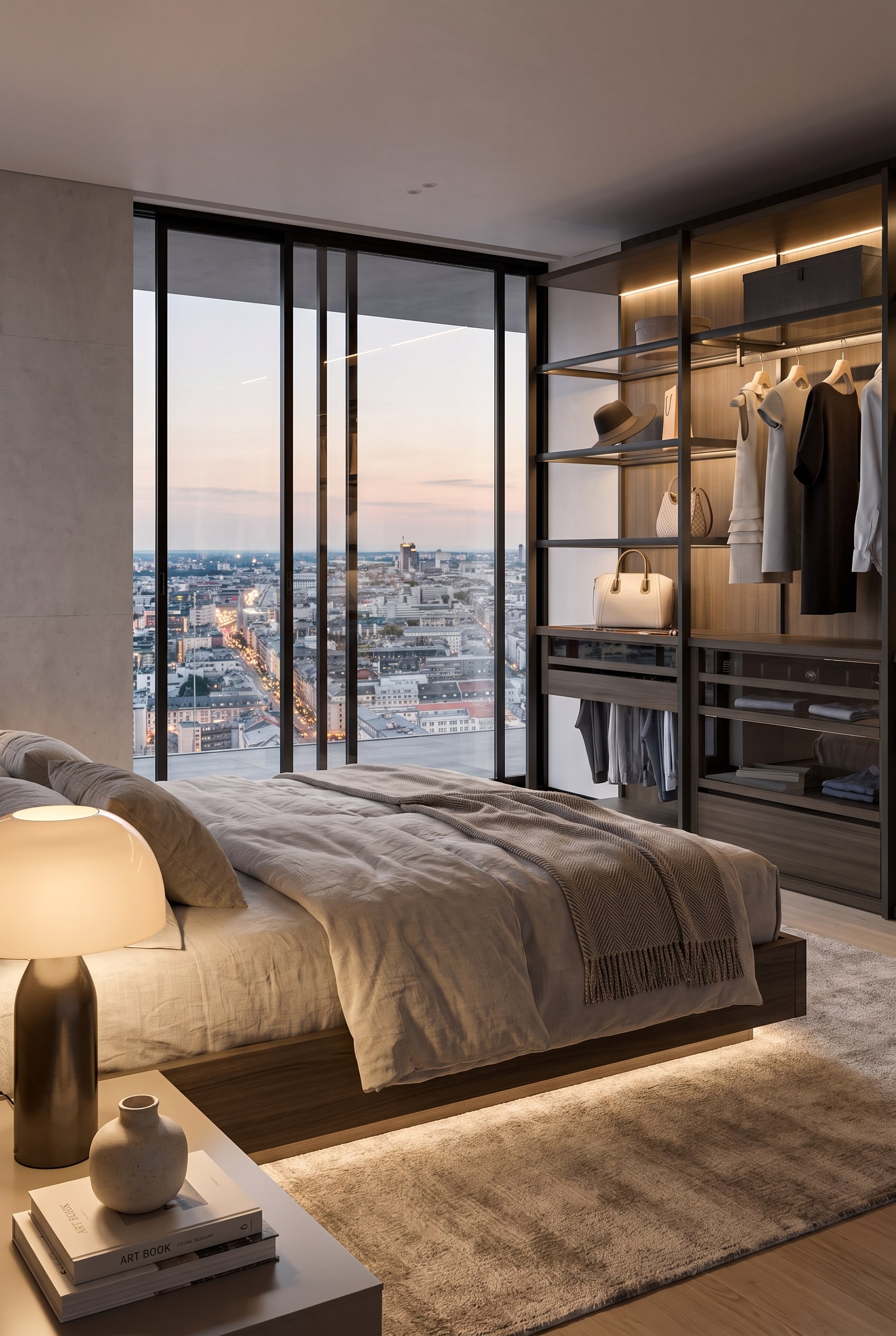 Blick &uuml;ber ein modernes Bett auf ein seitlich stehendes Ankleidesystem bei abendlicher Beleuchtung mit Stadtpanorama im Hintergrund.