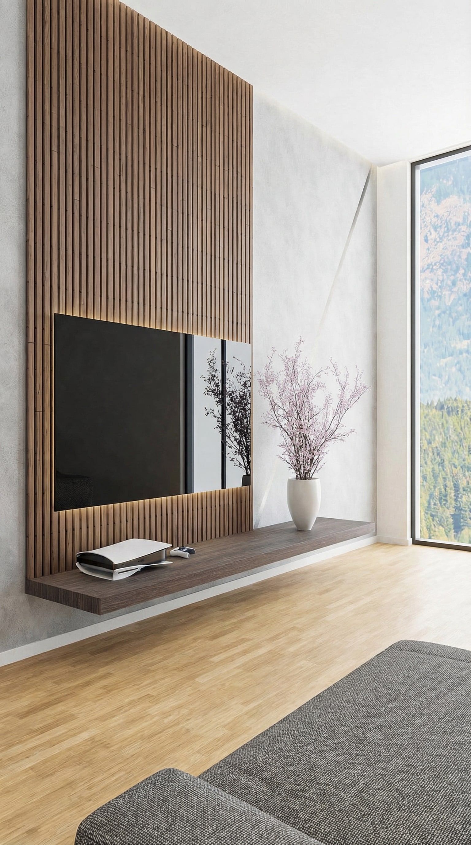 Meuble mural minimaliste sous une télévision sans câbles visibles Meuble mural minimaliste sous une télévision sans câbles visibles