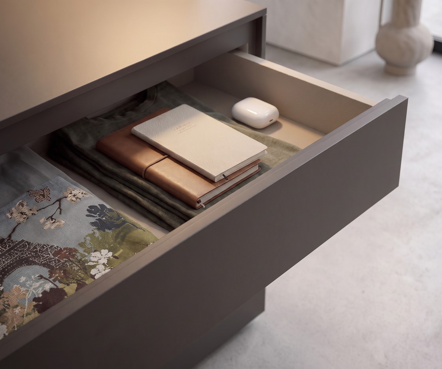 Commode Novamobili Easy avec tiroir ouvert pour vêtements et accessoires, style moderne minimaliste couleur taupe.