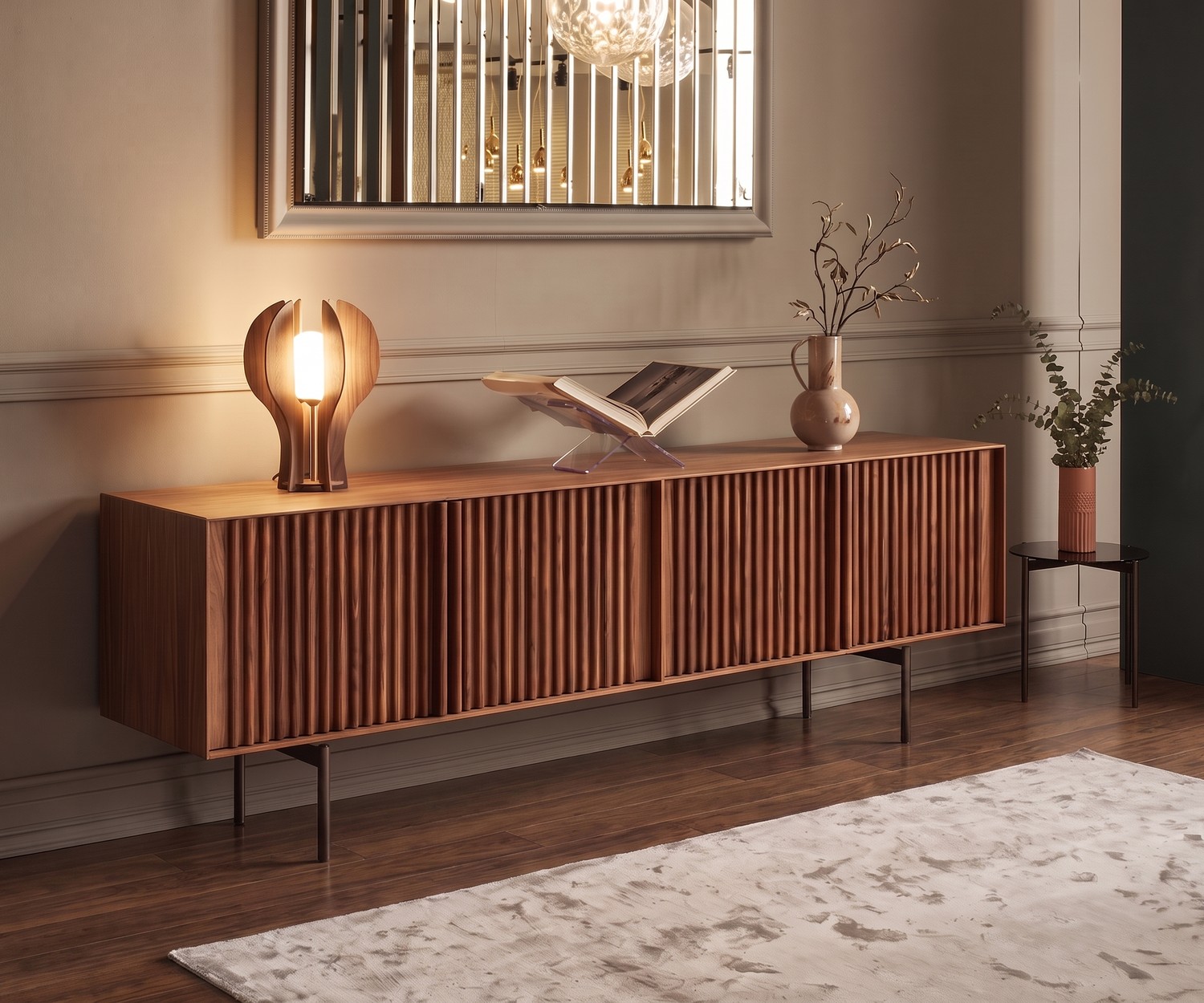 Buffet design en noyer à lattes al2 ka-bera 003 A Buffet design al2 ka-bera 003 A en noyer avec portes à lattes pour salon chic, ambiance chaleureuse et style moderne