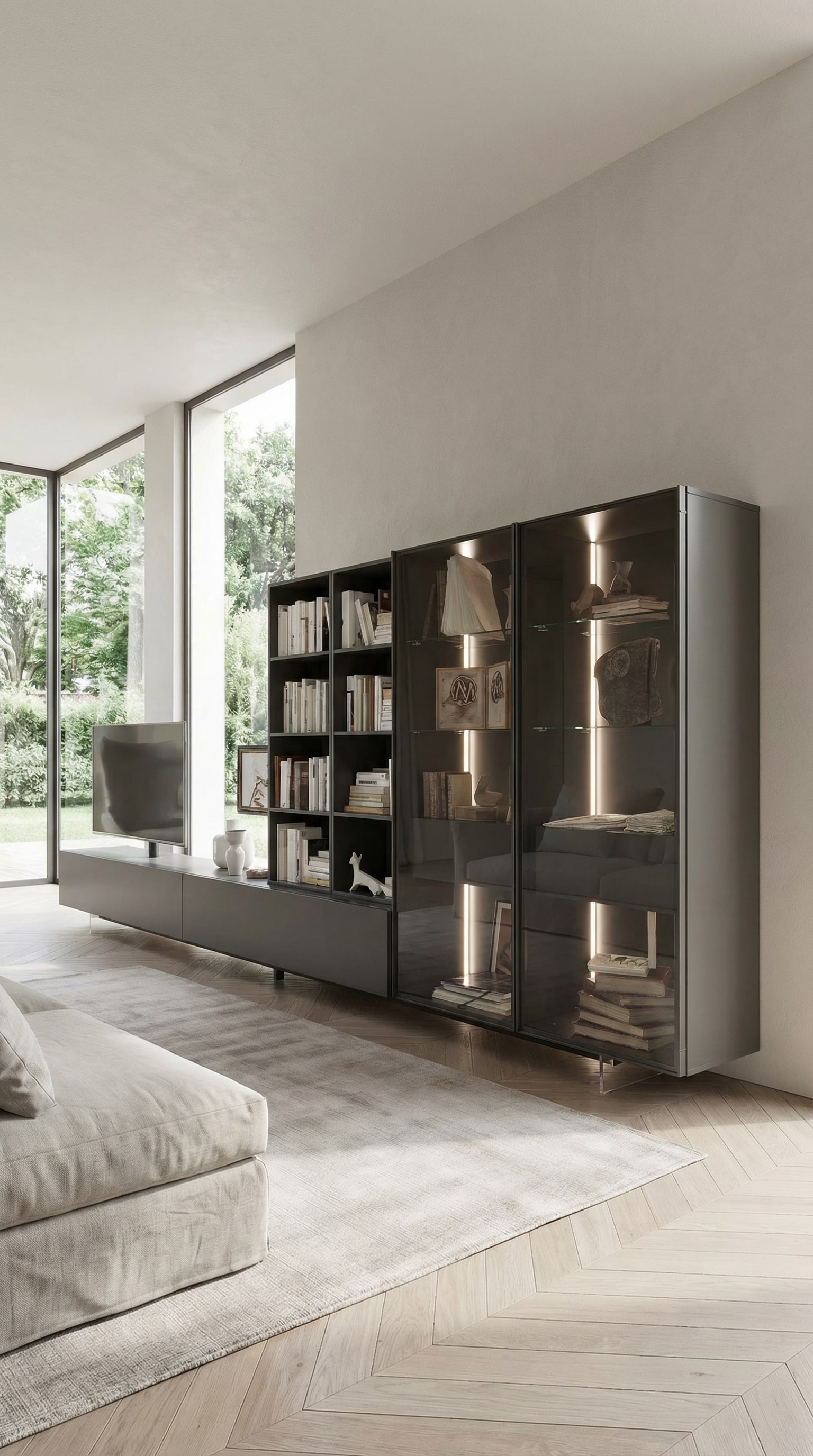 Meuble TV Livitalia C43 avec un généreux élément de vitrine en verre fumé et éclairage intérieur intégré Meuble TV Livitalia C43 avec un généreux élément de vitrine en verre fumé et éclairage intérieur intégré