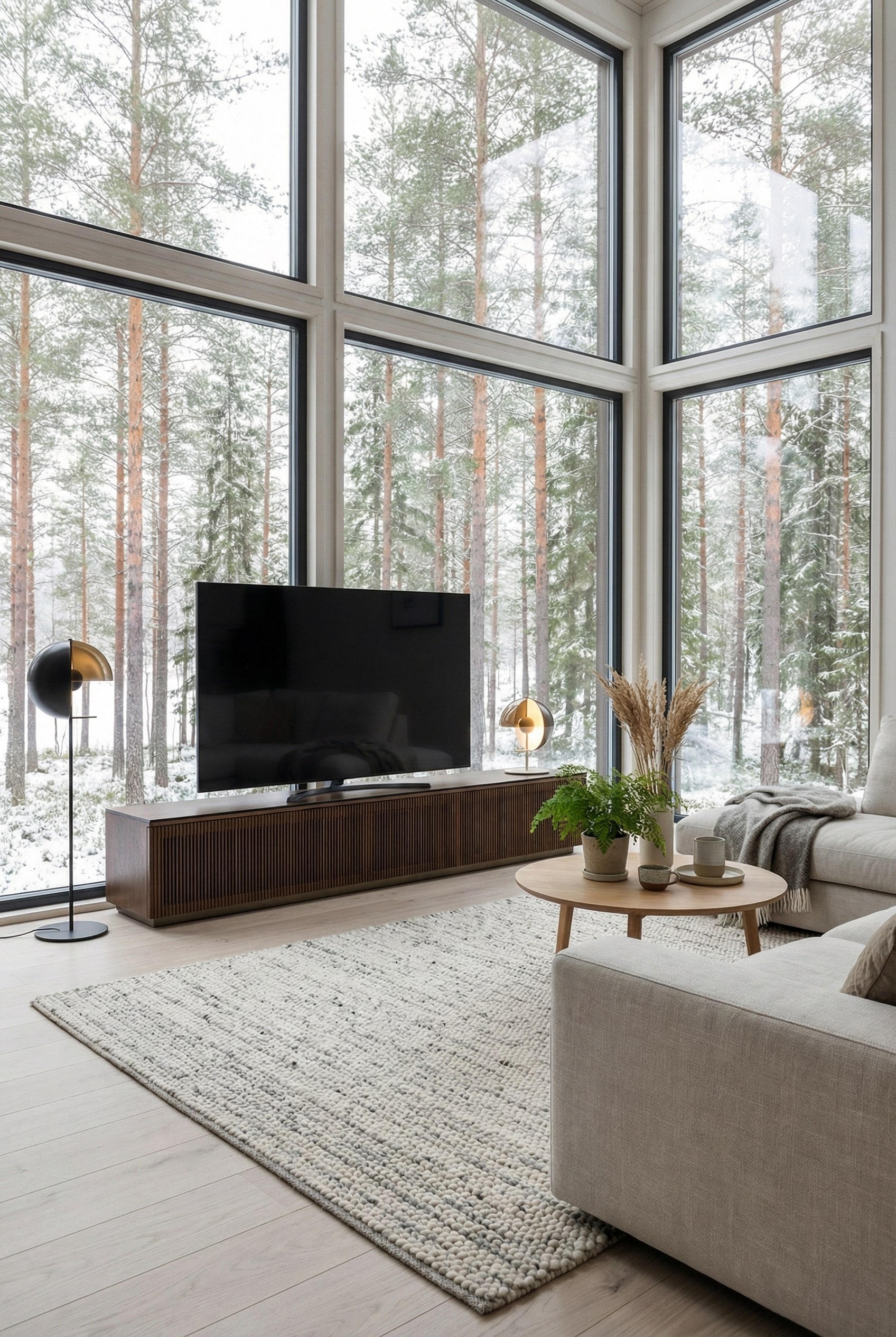 Lowboard TV scandinave en bois clair avec portes coulissantes à lamelles Lowboard TV scandinave en bois clair avec portes coulissantes à lamelles