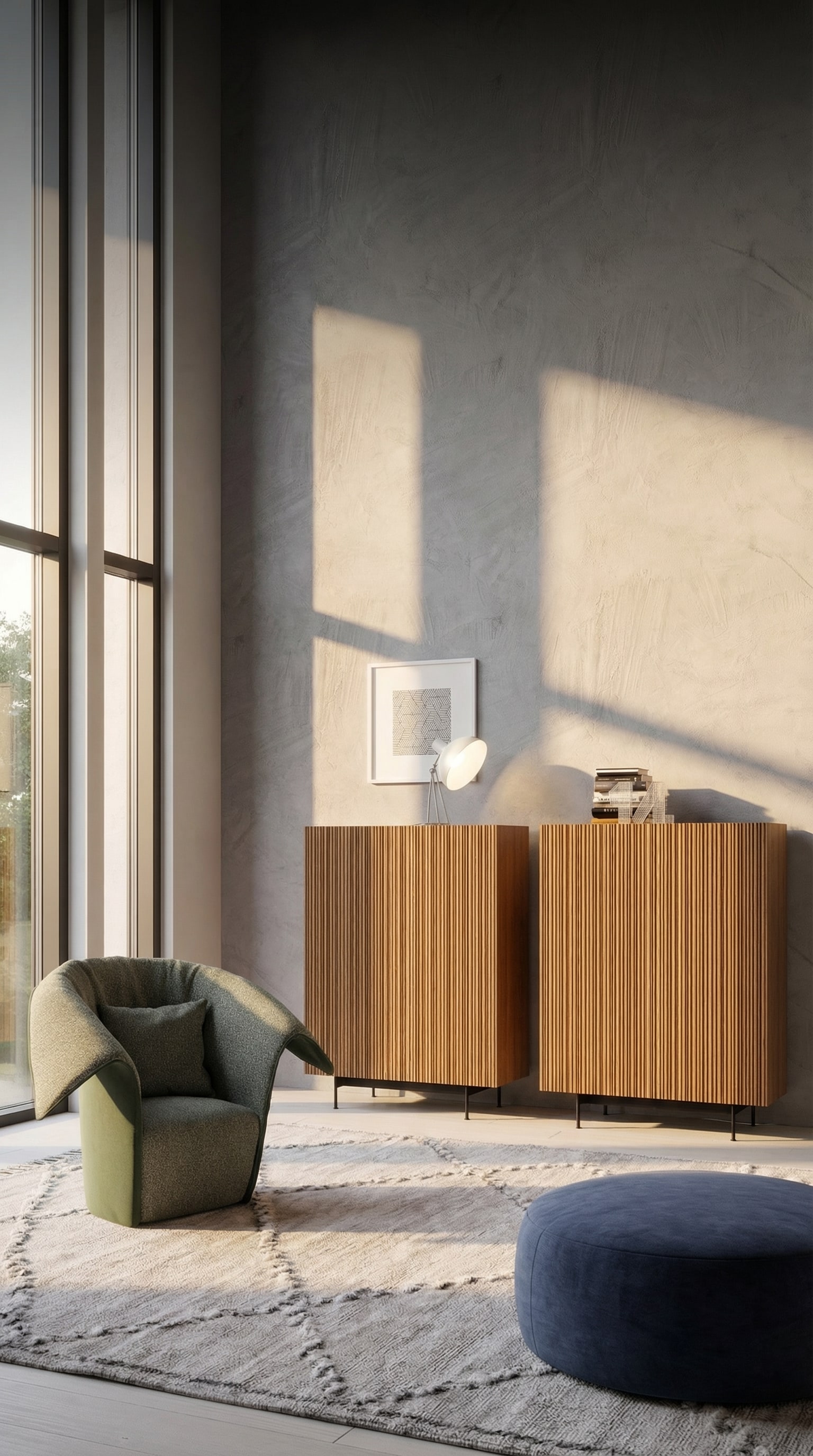 Novamobili Sideboard / Highboard Bay dans un salon &eacute;l&eacute;gant et lumineux avec de l'art styl&eacute;.