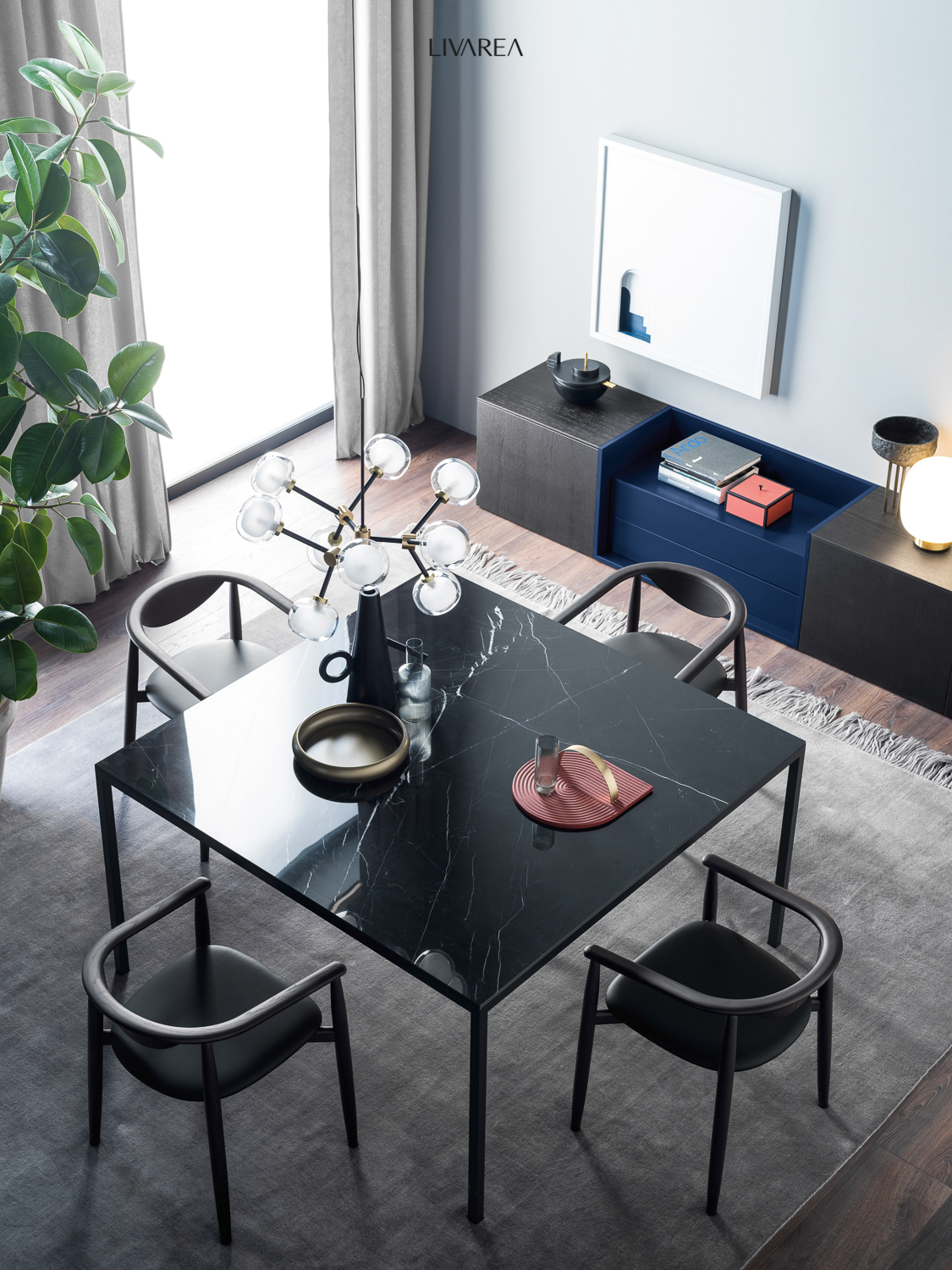 Salle à manger design moderne avec table en marbre, quatre chaises de salle à manger et un sideboard exceptionnel.