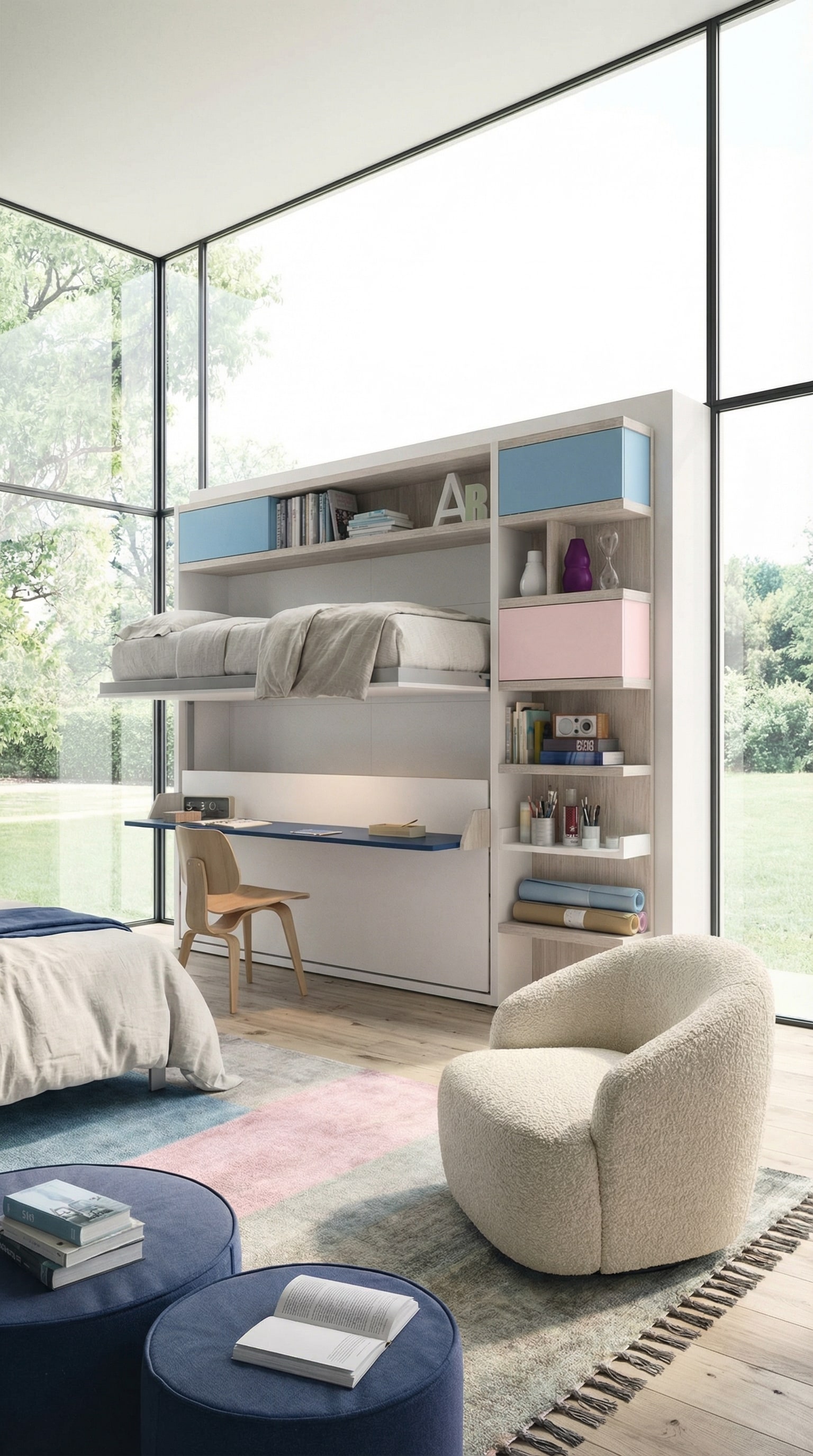 Chambre d'amis de haute qualité pour les familles avec un élégant lit escamotable superposé Clei Kali Duo en position fermée. Chambre d'amis de haute qualité pour les familles avec un élégant lit escamotable superposé Clei Kali Duo en position fermée.