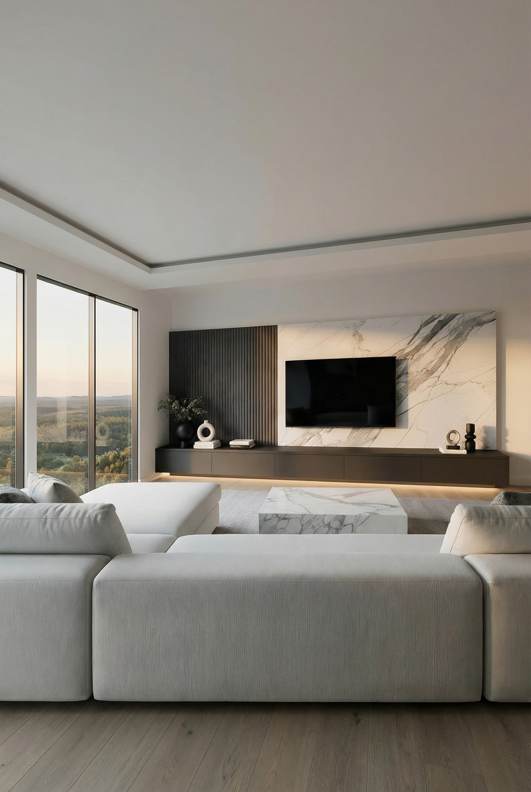 Mur de salon minimaliste sur mesure avec lignes sym&eacute;triques