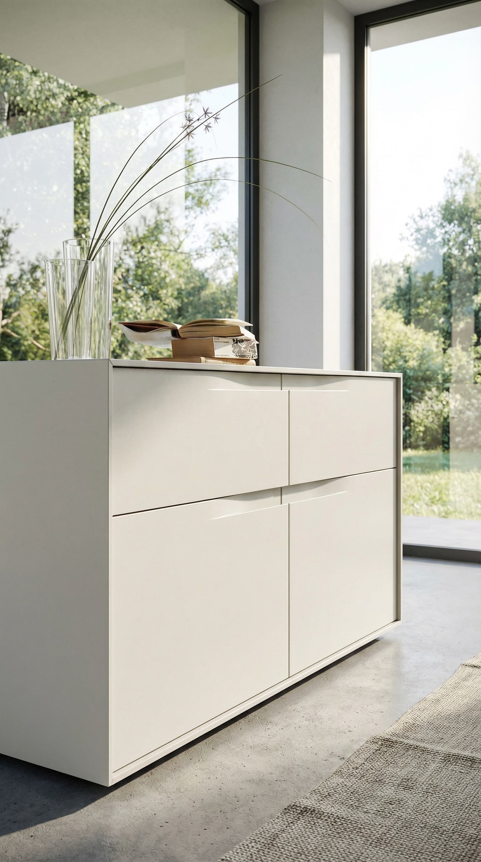 Commode de designer mate avec des façades élégantes et sans poignée dans une pièce aménagée avec style. Commode de designer mate avec des façades élégantes et sans poignée dans une pièce aménagée avec style.