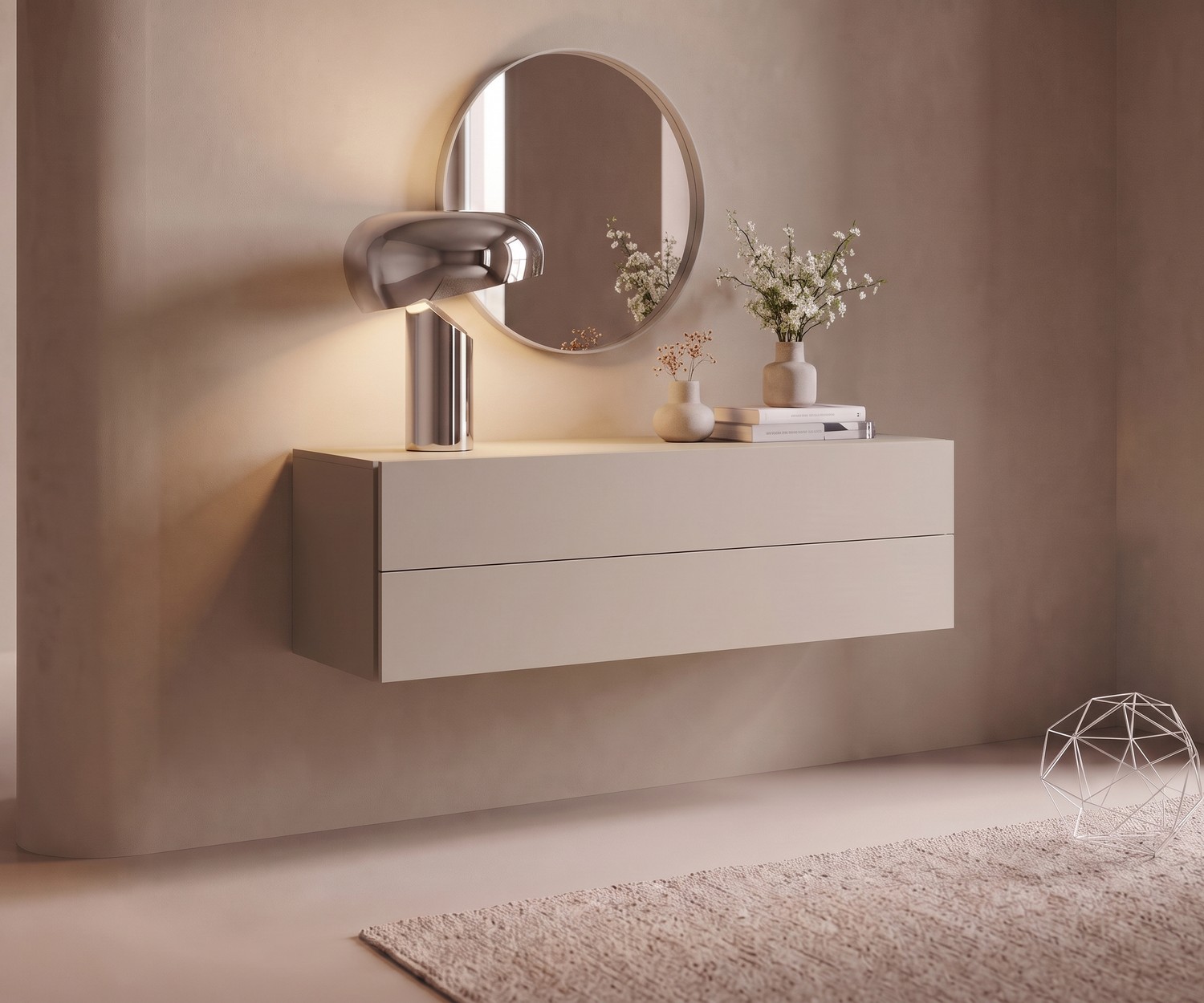 Commode suspendue Novamobili Easy Commode suspendue Novamobili Easy pour l'entrée, meuble de rangement mural minimaliste beige sable à deux tiroirs.
