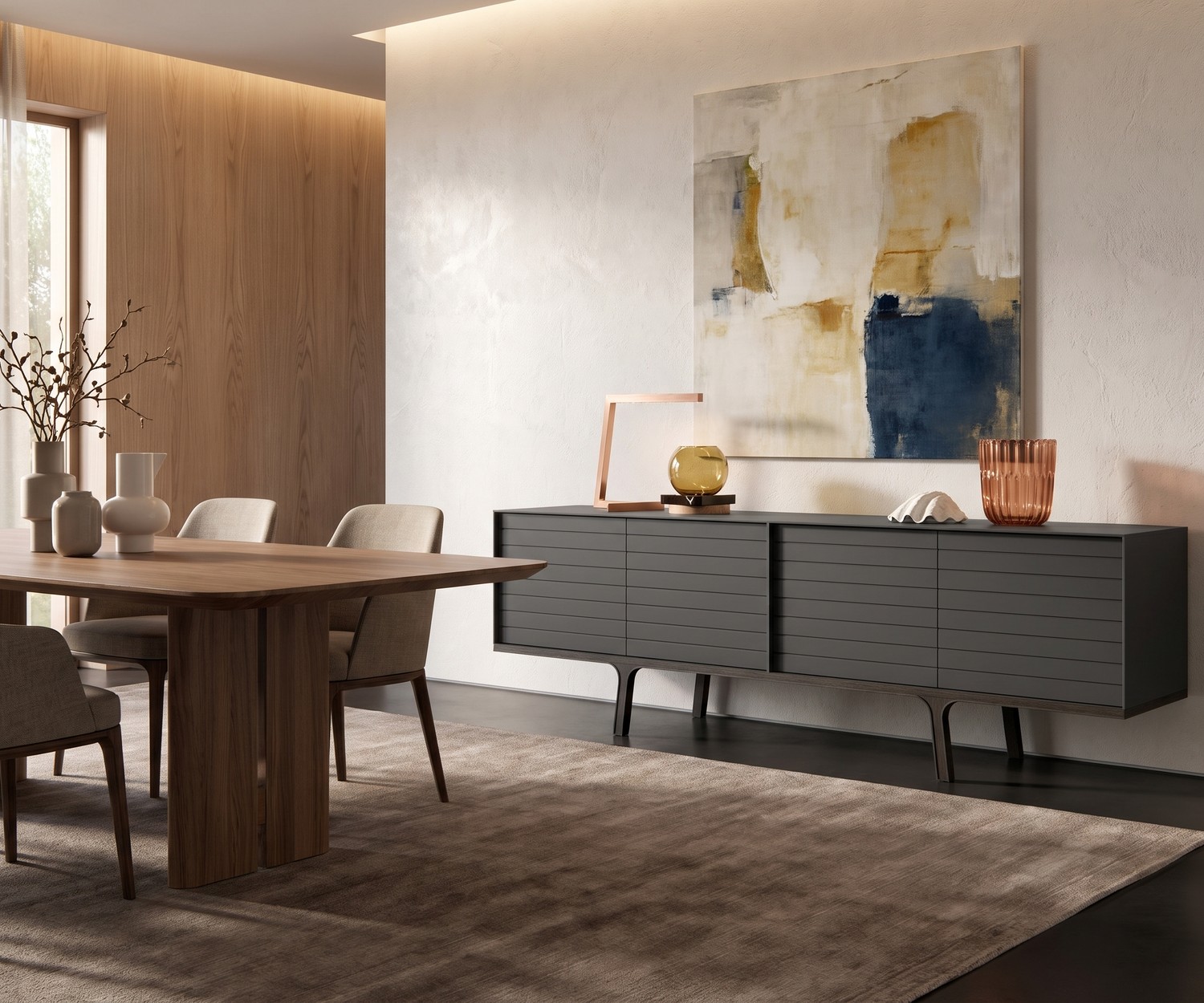 Buffet design al2 Mobius 002 à lattes Buffet design al2 Mobius 002 pour salle à manger. Enfilade gris foncé en bois sous un grand tableau abstrait moderne.