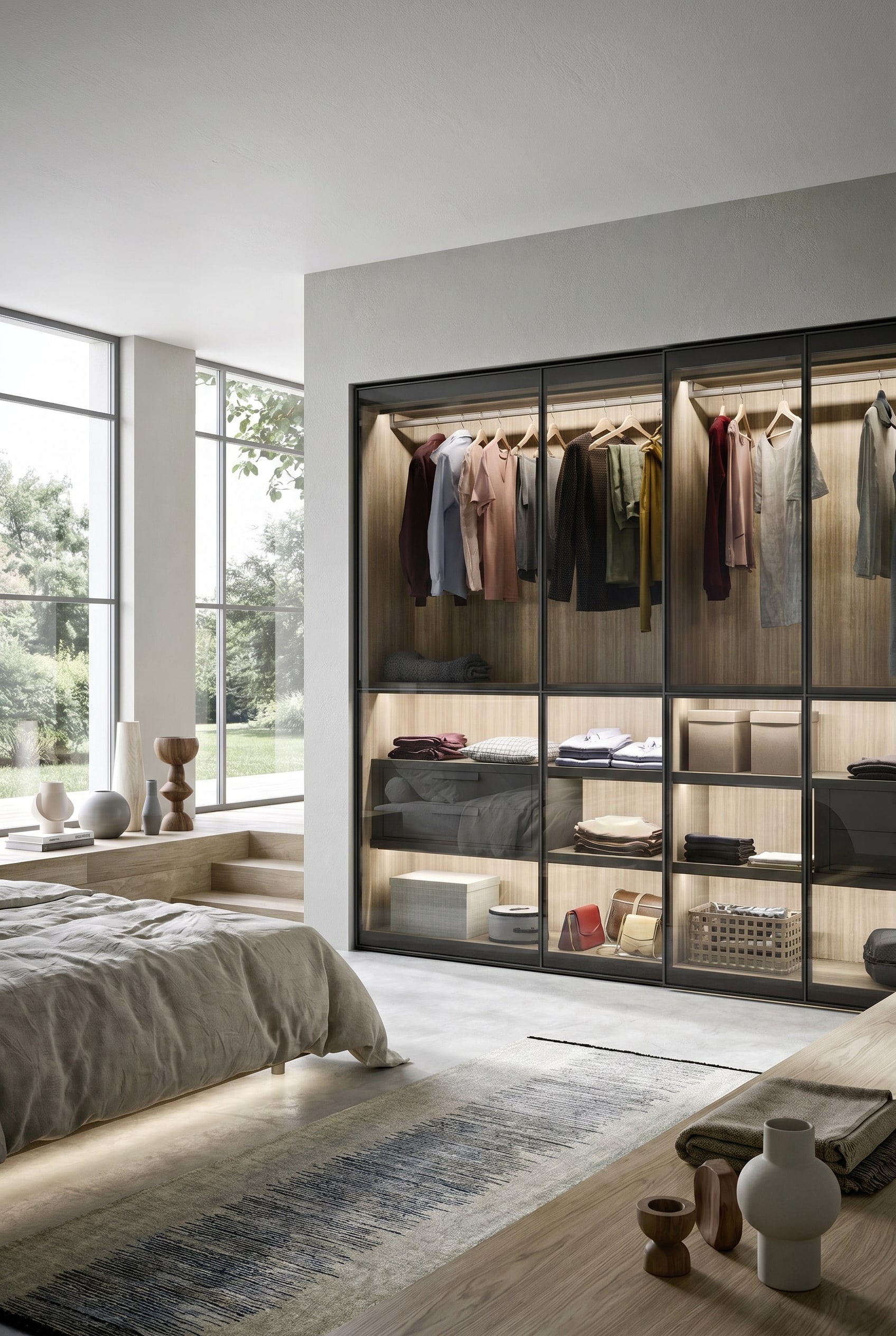 Moderner transparenter Kleiderschrank mit Rauchglas und Holzinnenraum im Feng Shui Schlafzimmer Moderner transparenter Kleiderschrank mit Rauchglas und Holzinnenraum im Feng Shui Schlafzimmer