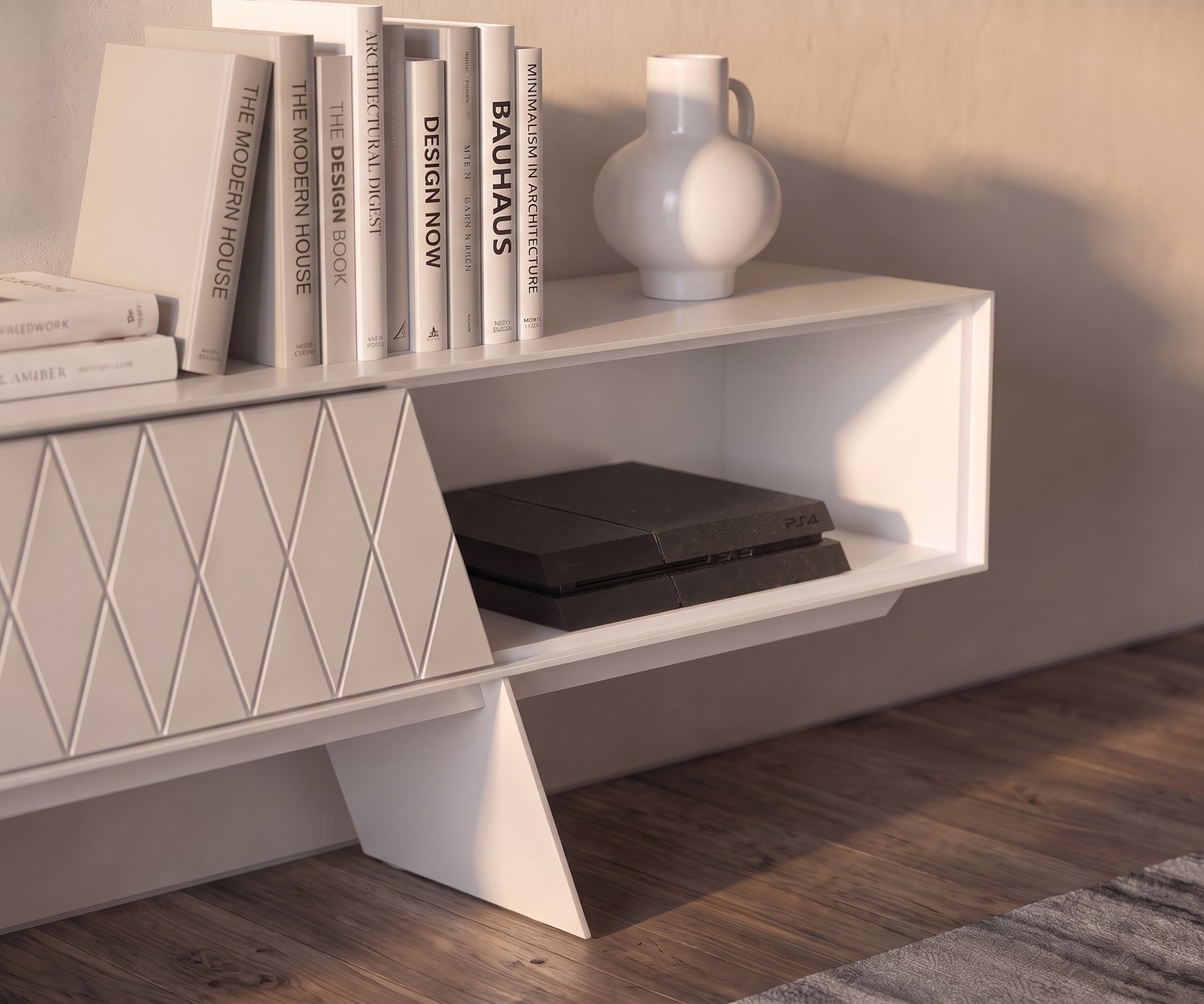 Meuble TV bas al2 e-klipse 008 pour le salon, buffet blanc au design de losanges avec piètement élégant.