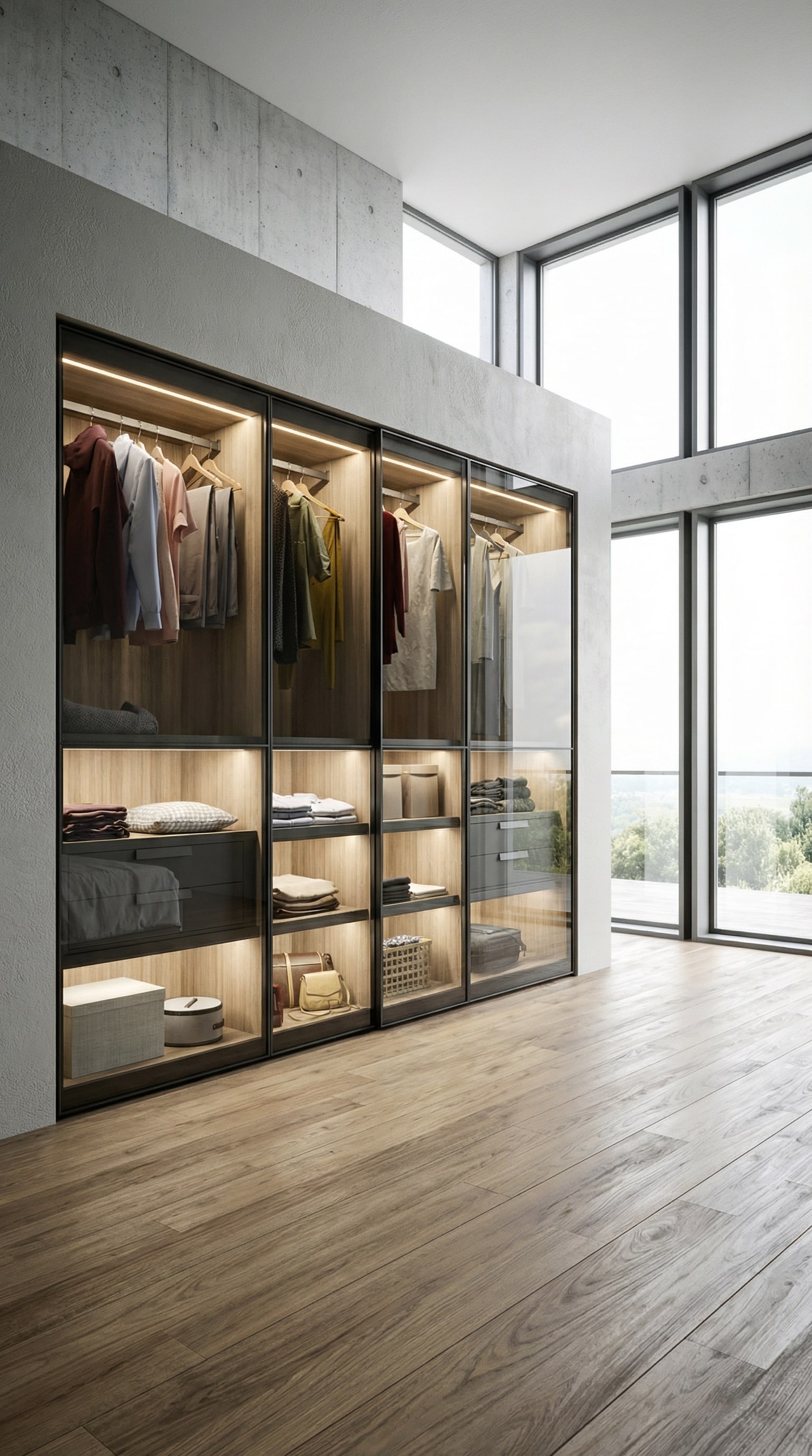 Chambre luxueuse avec l'armoire &eacute;clair&eacute;e Novamobili Layer, dont les portes en verre fum&eacute; cr&eacute;ent une atmosph&egrave;re de boutique &eacute;l&eacute;gante.