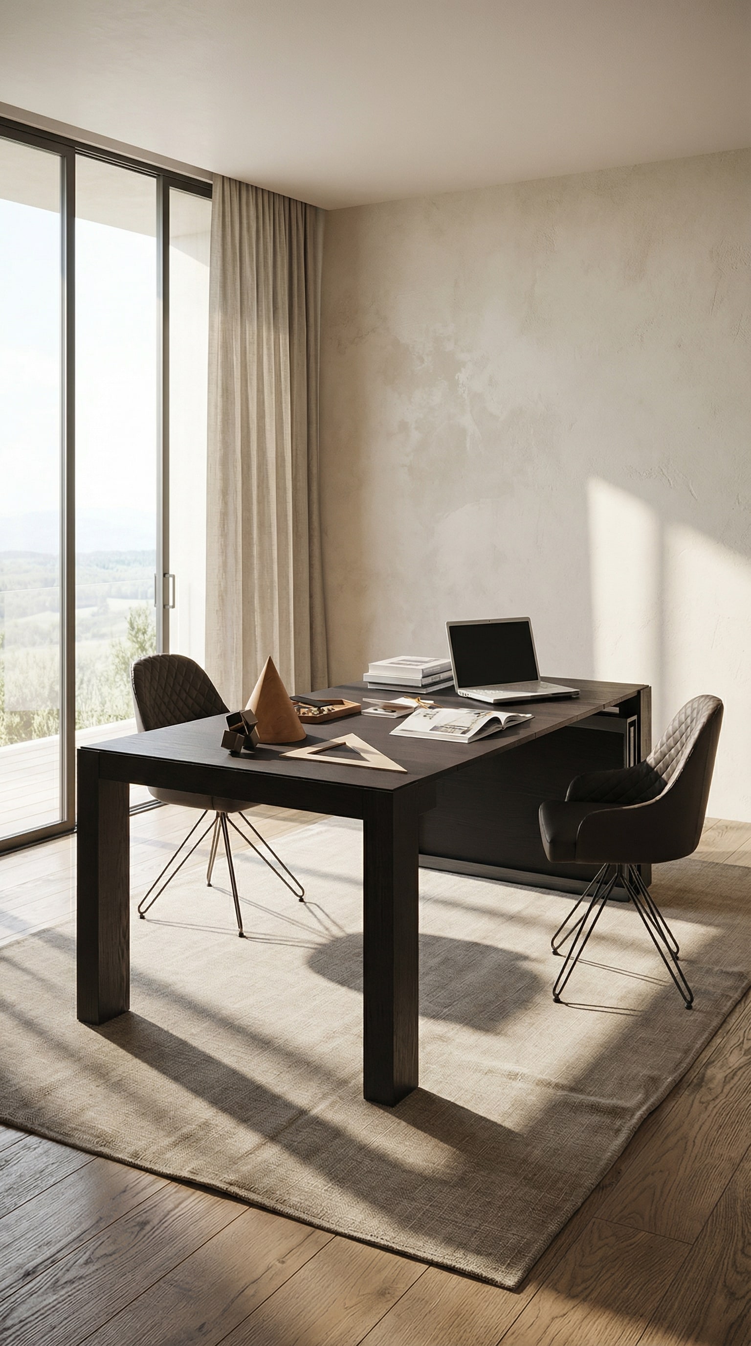 Une console Ozzio A3 extensible en position semi-ouverte, qui se transforme d'une &eacute;tag&egrave;re &eacute;troite en un bureau.