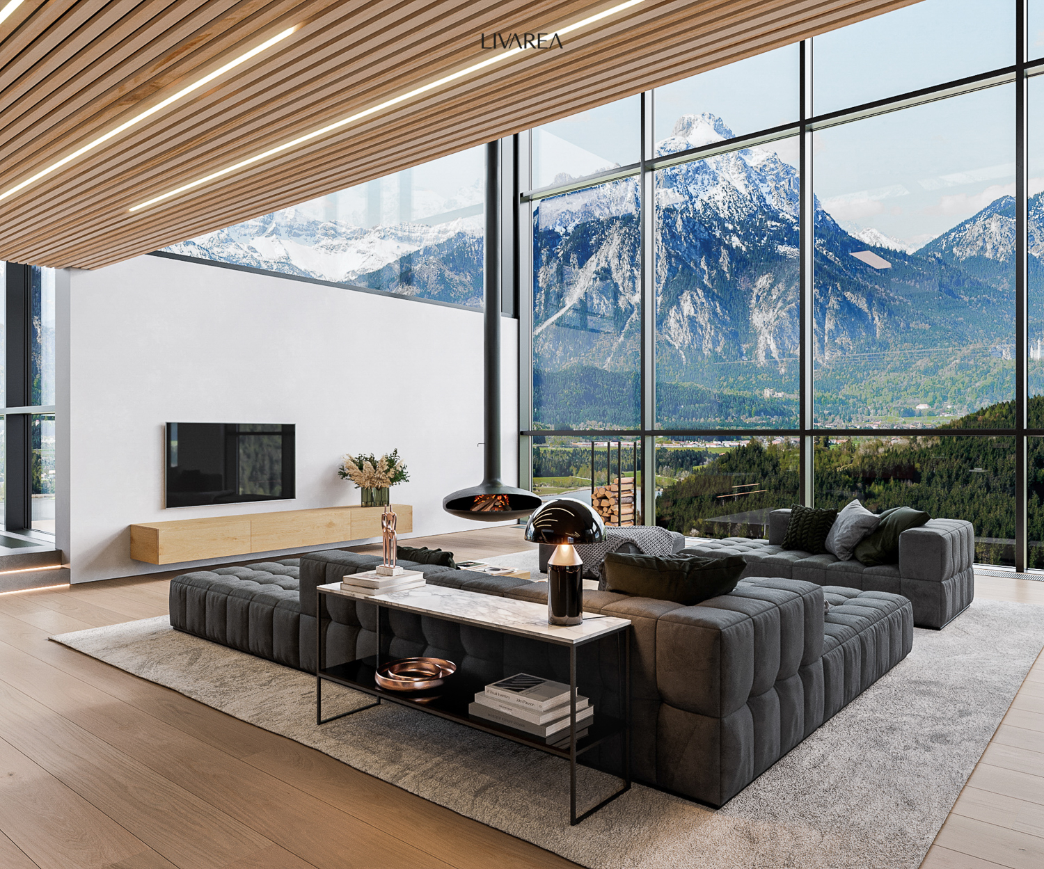 Villa de luxe moderne avec designer Salon Canapé Big Sofa Lowboard Bois Console Séparation de pièce