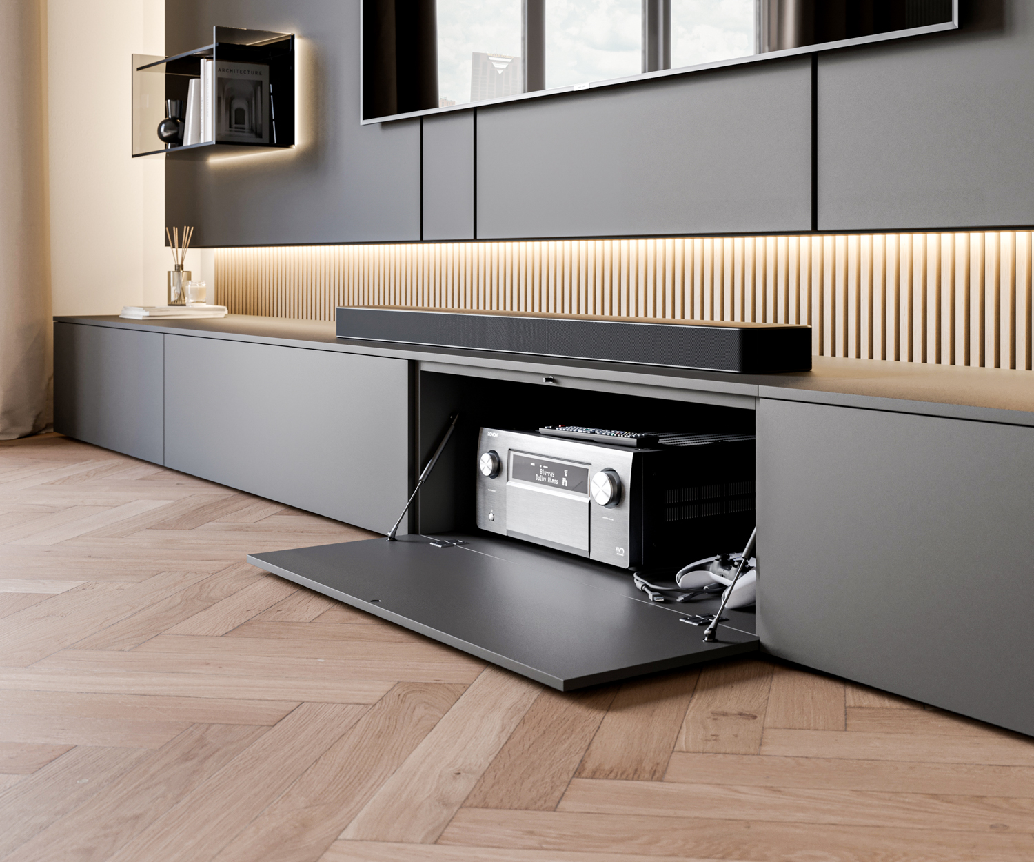 Box Design moderne Lowboard avec détail abattant ouvert en gris foncé mat Box Design moderne Lowboard avec détail abattant ouvert en gris foncé mat