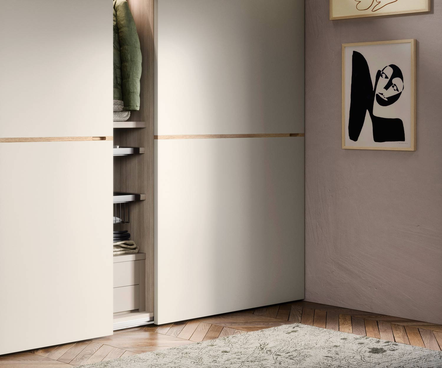 Armoire blanche à portes coulissantes Middle avec porte ouverte Armoire blanche à portes coulissantes Middle avec porte ouverte