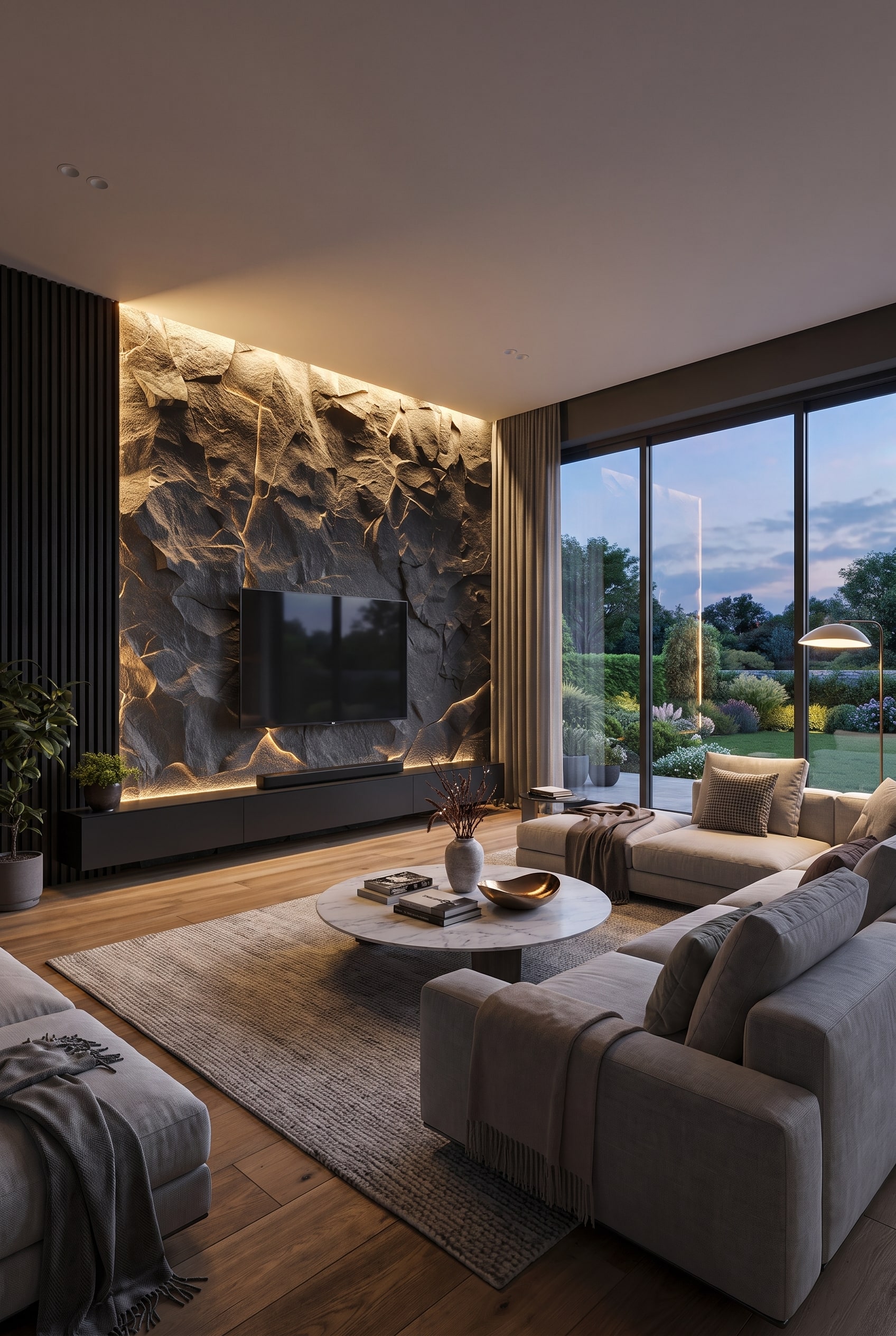 Modernes Wohnzimmer mit grifflosem TV-Lowboard