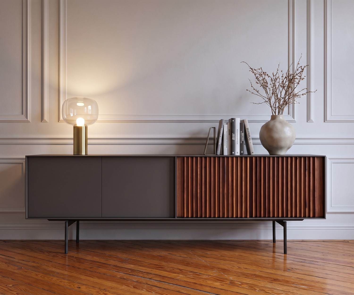 Buffet design noyer gris foncé laqué mat Portes avec technique push pull Buffet design noyer gris foncé laqué mat Portes avec technique push pull