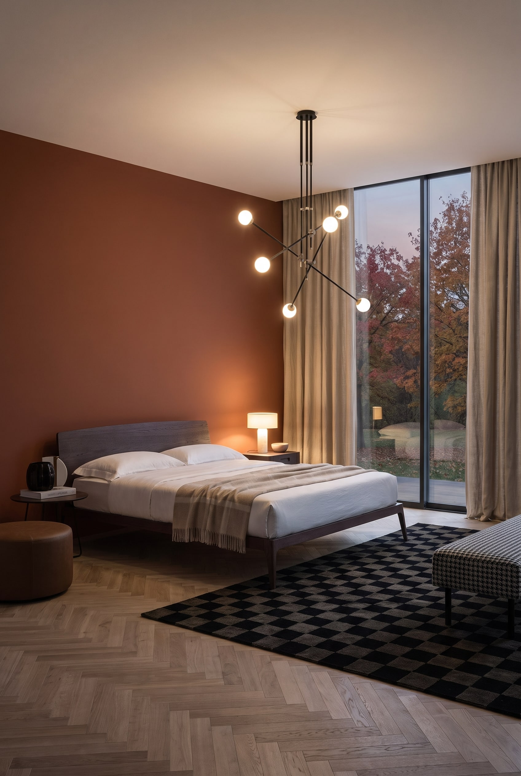 Elegantes Schlafzimmer mit Holzbett, terrakottafarbener Wand und warmweißem Licht