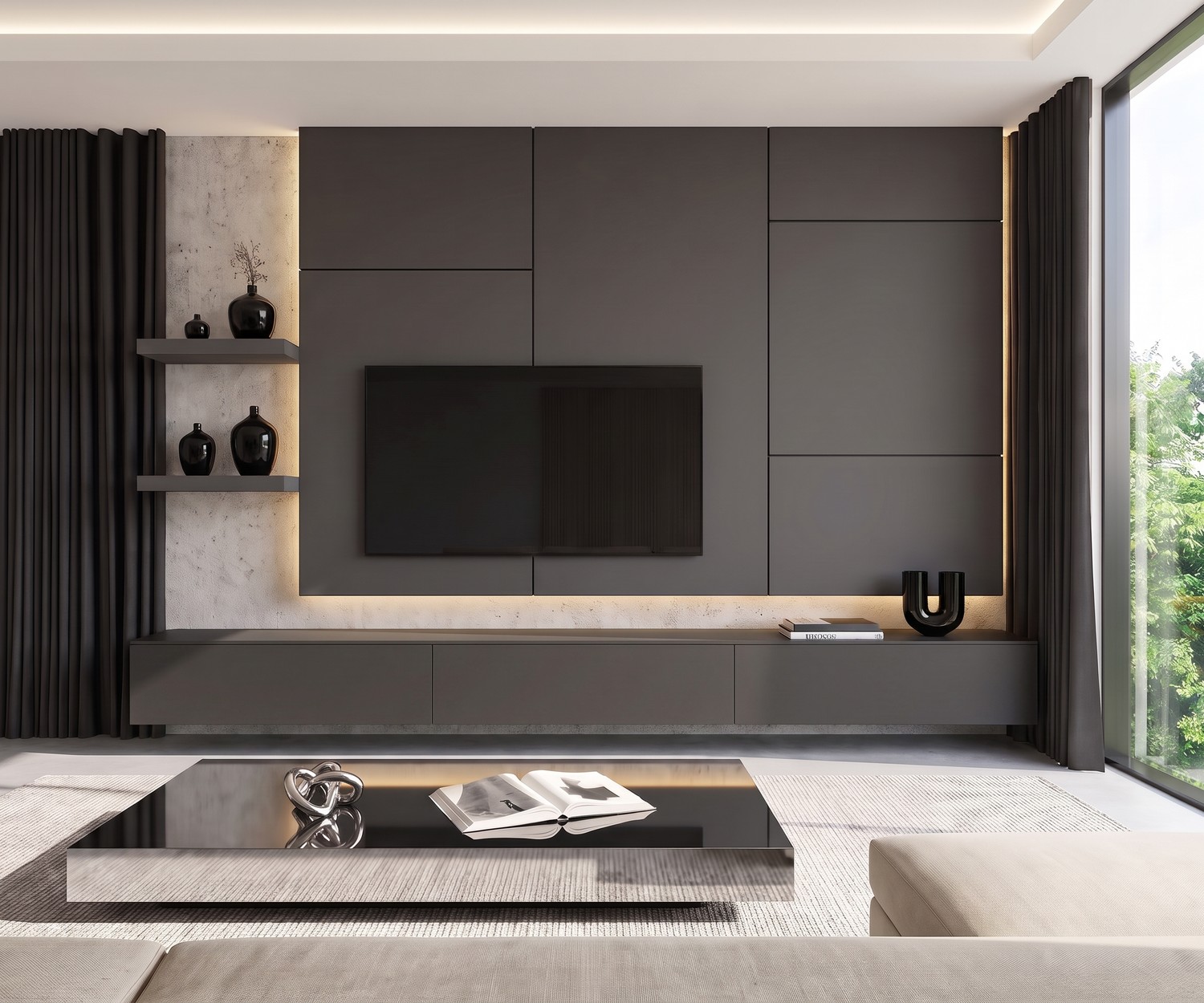 Meuble TV mural Livitalia C102 avec banc suspendu et panneau TV. Ensemble média moderne gris anthracite avec éclairage LED.