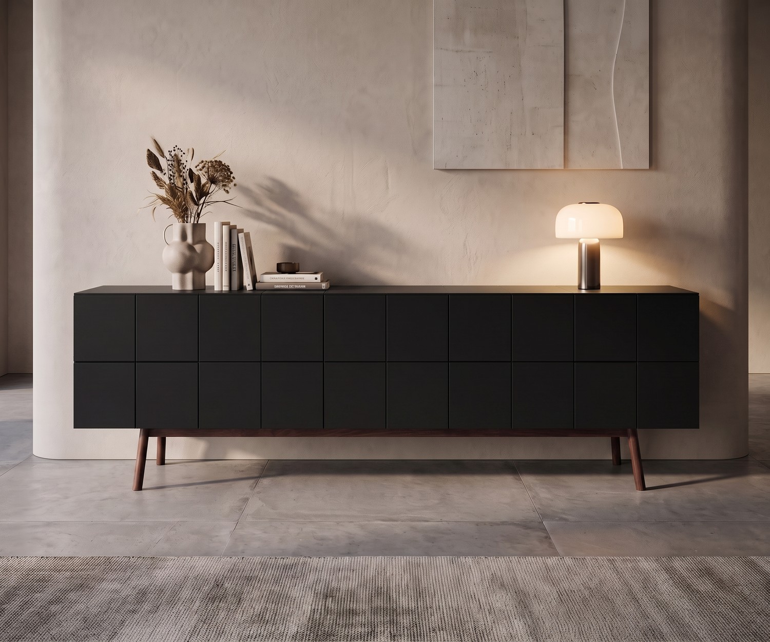 Buffet design al2 MOS-I-KO 003 B pour le salon, en noir mat avec pieds en bois massif dans un intérieur minimaliste.