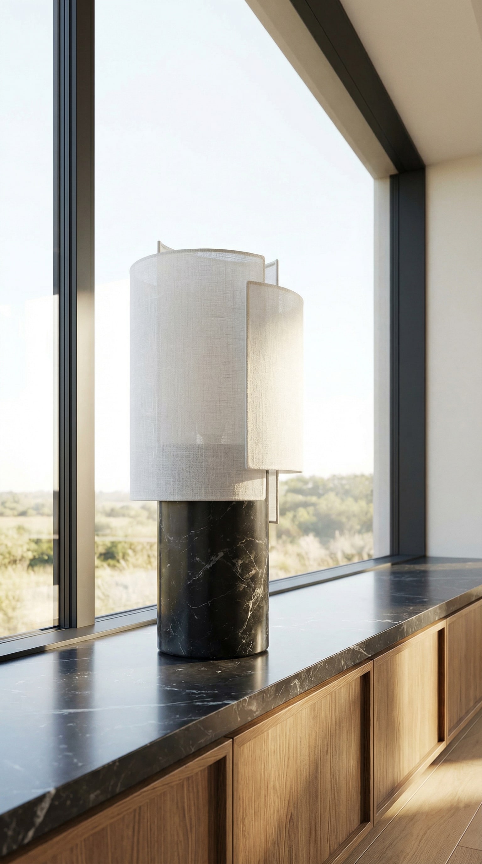 Lampe Punt Rio avec pied en marbre et abat-jour en lin sur un rebord de fenêtre. Lampe Punt Rio avec pied en marbre et abat-jour en lin sur un rebord de fenêtre.