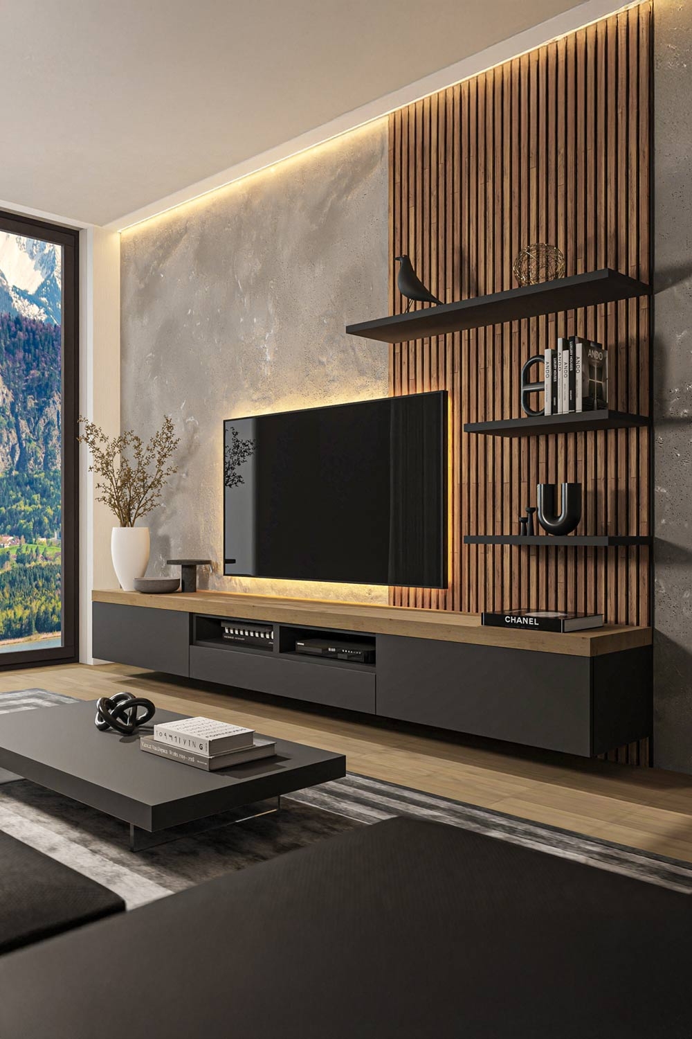 meuble-tv-mural-moderne-avec-trois-etageres-murales-sur-un-panneau-a-lamelles-de-bois-tendances