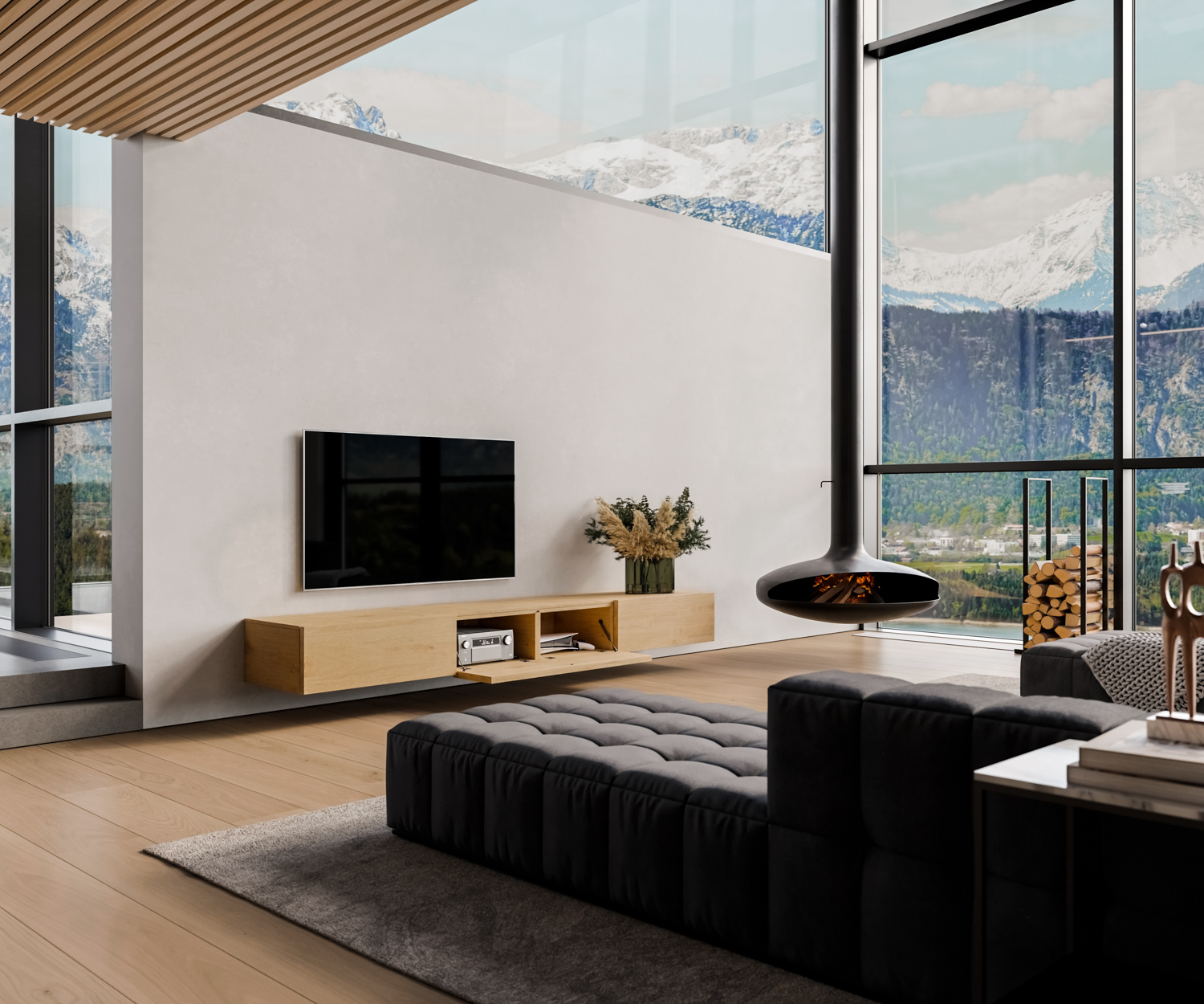 TV Lowboard en bois contre le mur avec porte abattante ouverte sans poignées TV Lowboard en bois contre le mur avec porte abattante ouverte sans poignées