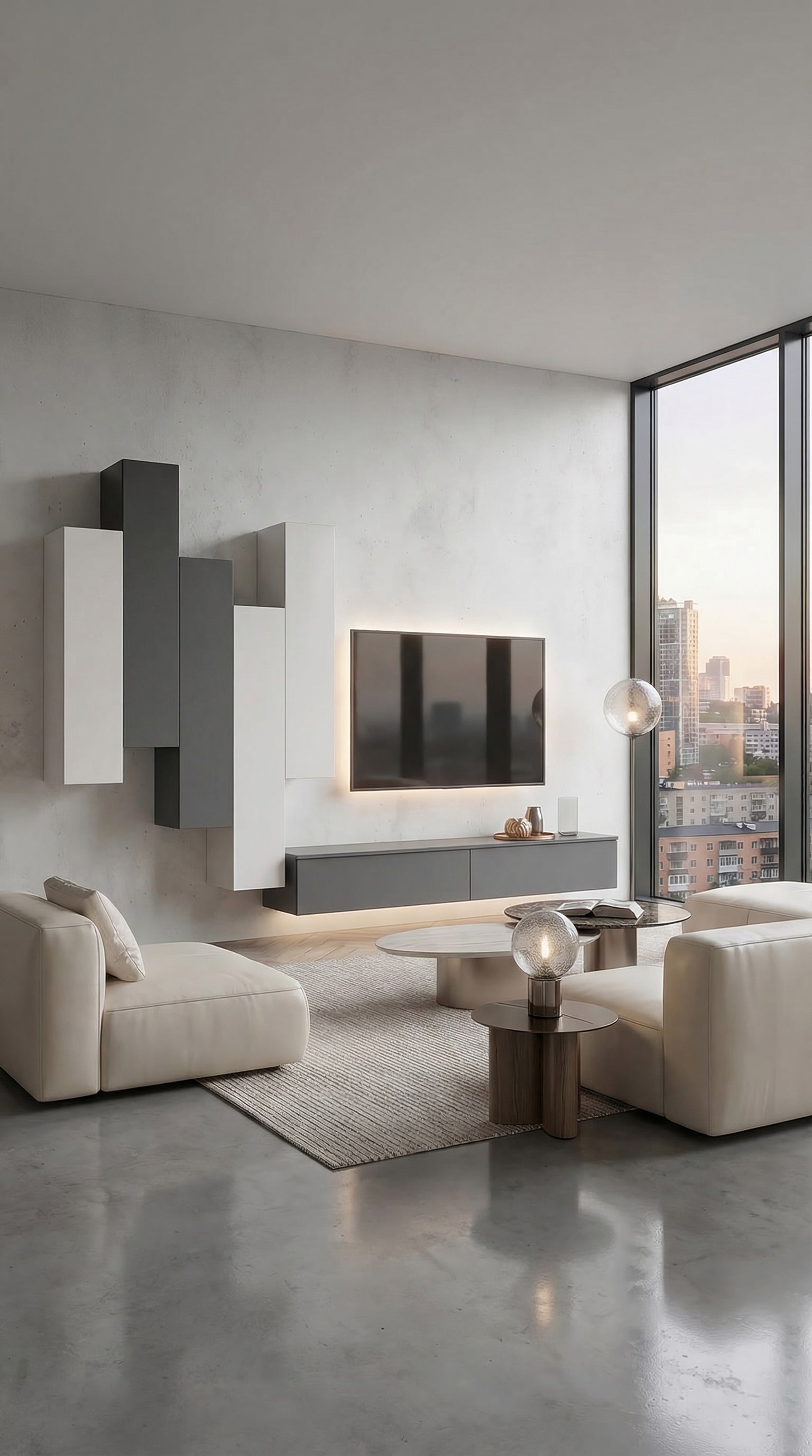 Livitalia Wohnwand C105 agenc&eacute;e de mani&egrave;re asym&eacute;trique avec une g&eacute;om&eacute;trie dynamique sur un mur moderne
