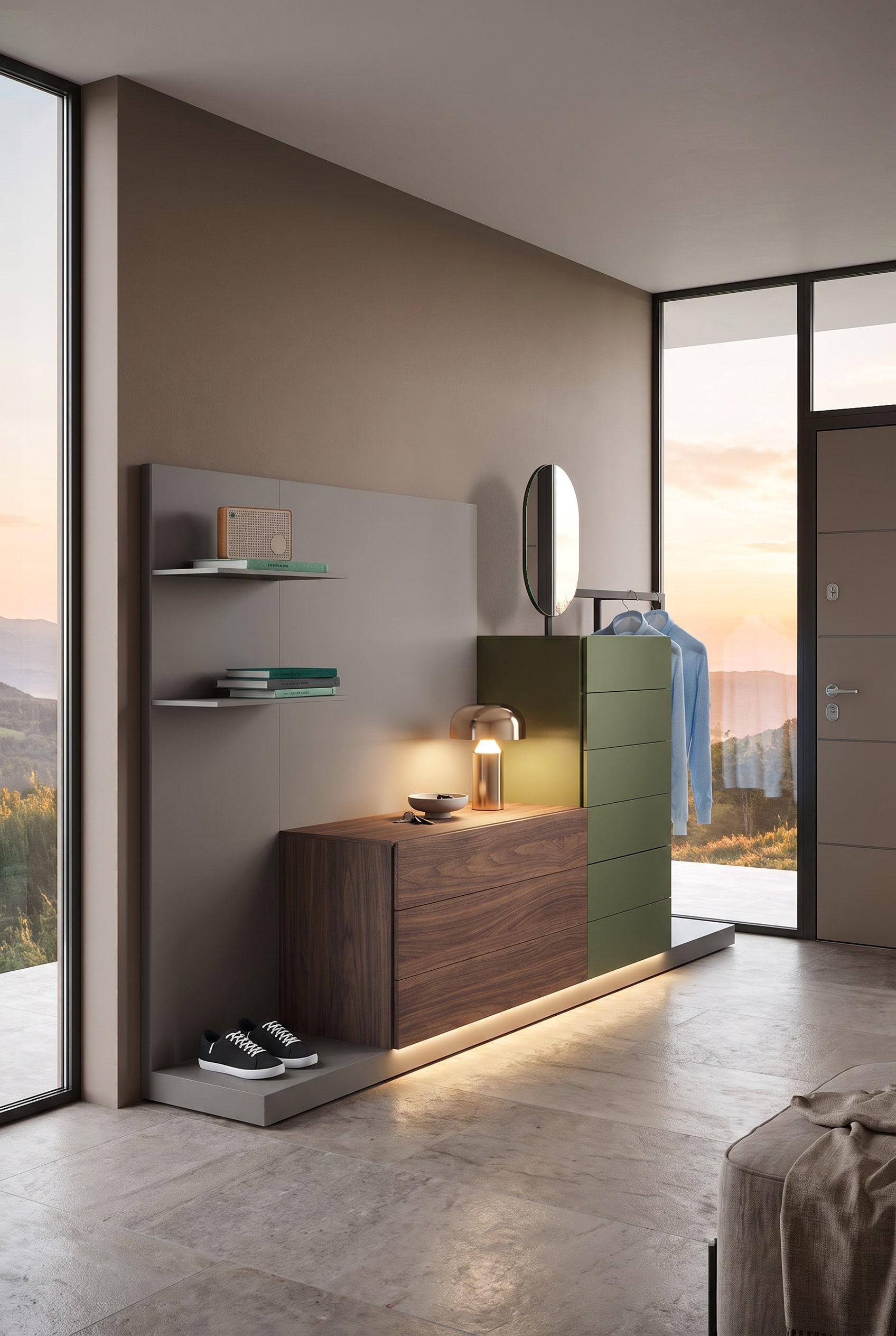 Ein elegant eingerichteter Flur mit schwebender Kommode, einem Garderoben-Wandpaneel aus Holz und W&auml;nden in der Trendfarbe Macchiato