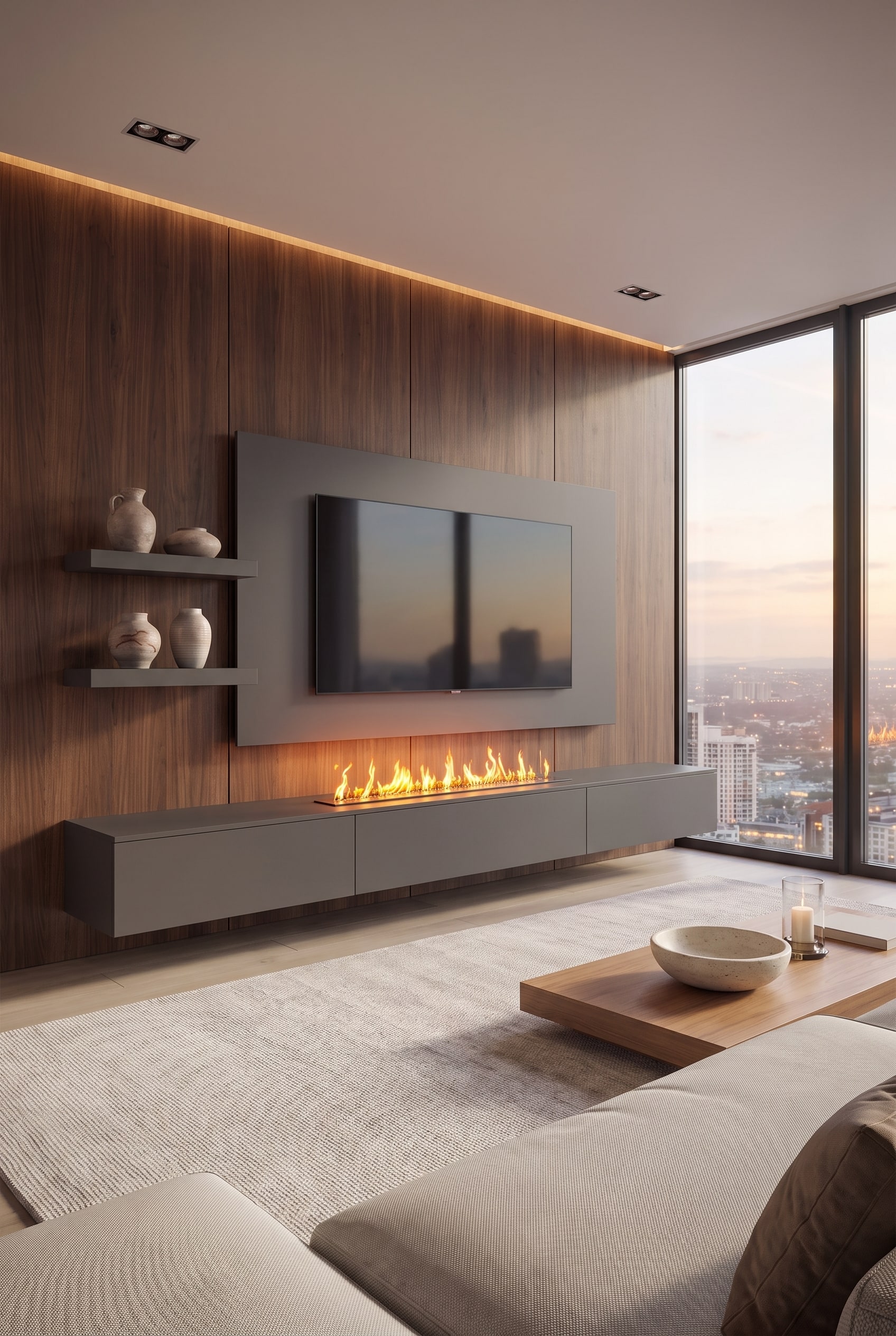 Moderne Wohnwand mit integriertem Kamin und flächigem Holzpaneel aus dunklem Nussbaum, das Technik und Kabel geschickt verdeckt.