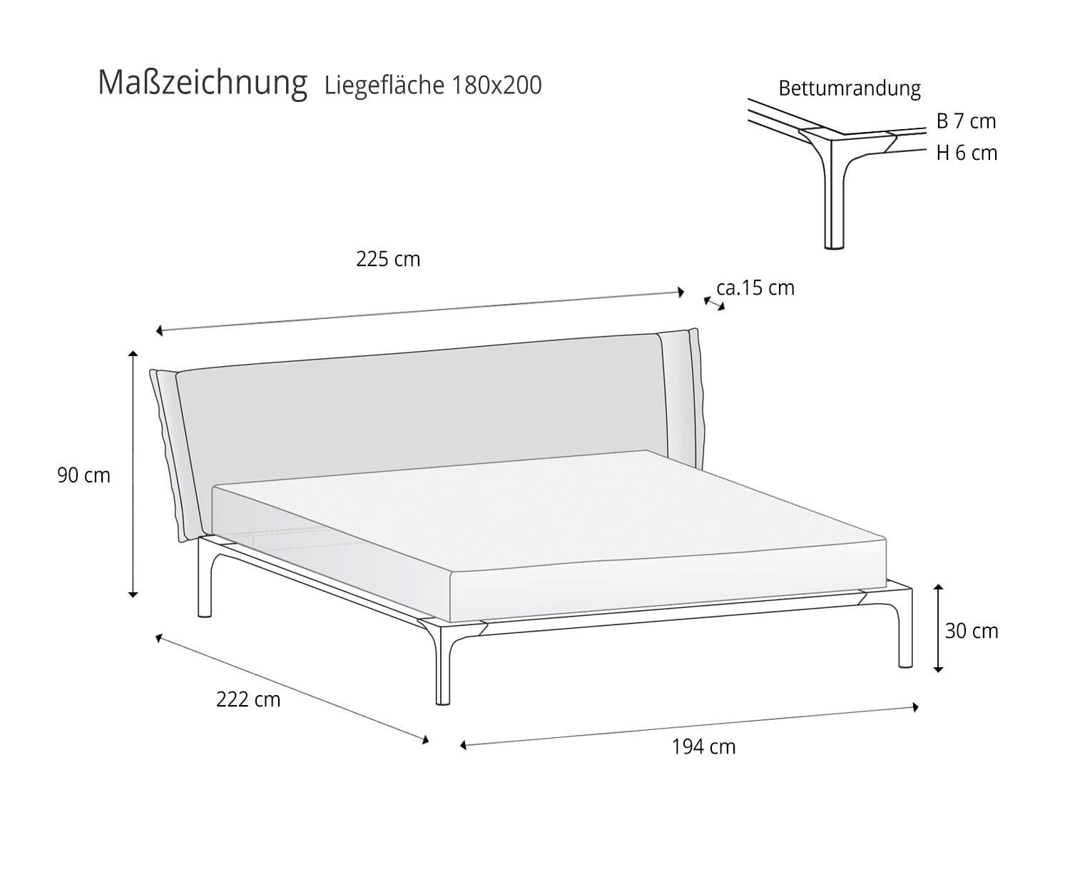 Surface de couchage 180x200 Lit design Park de Novamobili Esquisse Tailles Dimensions Surface de couchage 180x200 Lit design Park de Novamobili Esquisse Tailles Dimensions