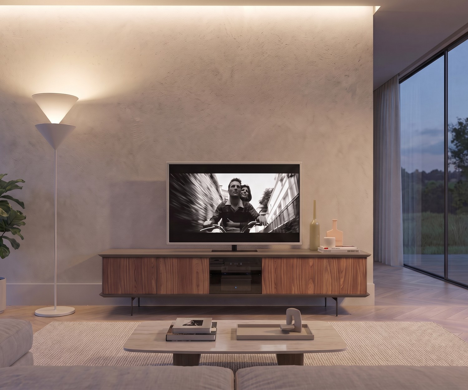 Meuble TV Lowboard Ozzio Brera en Noyer Meuble TV lowboard Ozzio Brera pour le salon. Meuble télé élégant en noyer avec porte central en verre fumé design.