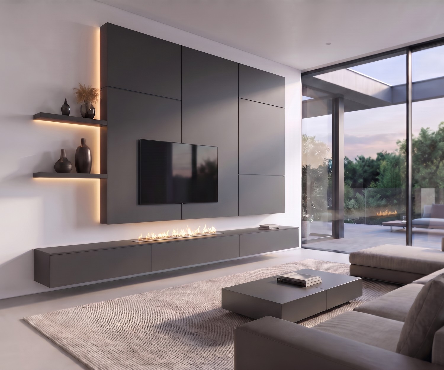 Meuble TV mural design C102 avec cheminée intégrée Ensemble TV mural Livitalia C102 avec cheminée: Meuble suspendu gris anthracite et étagères LED pour salon moderne.