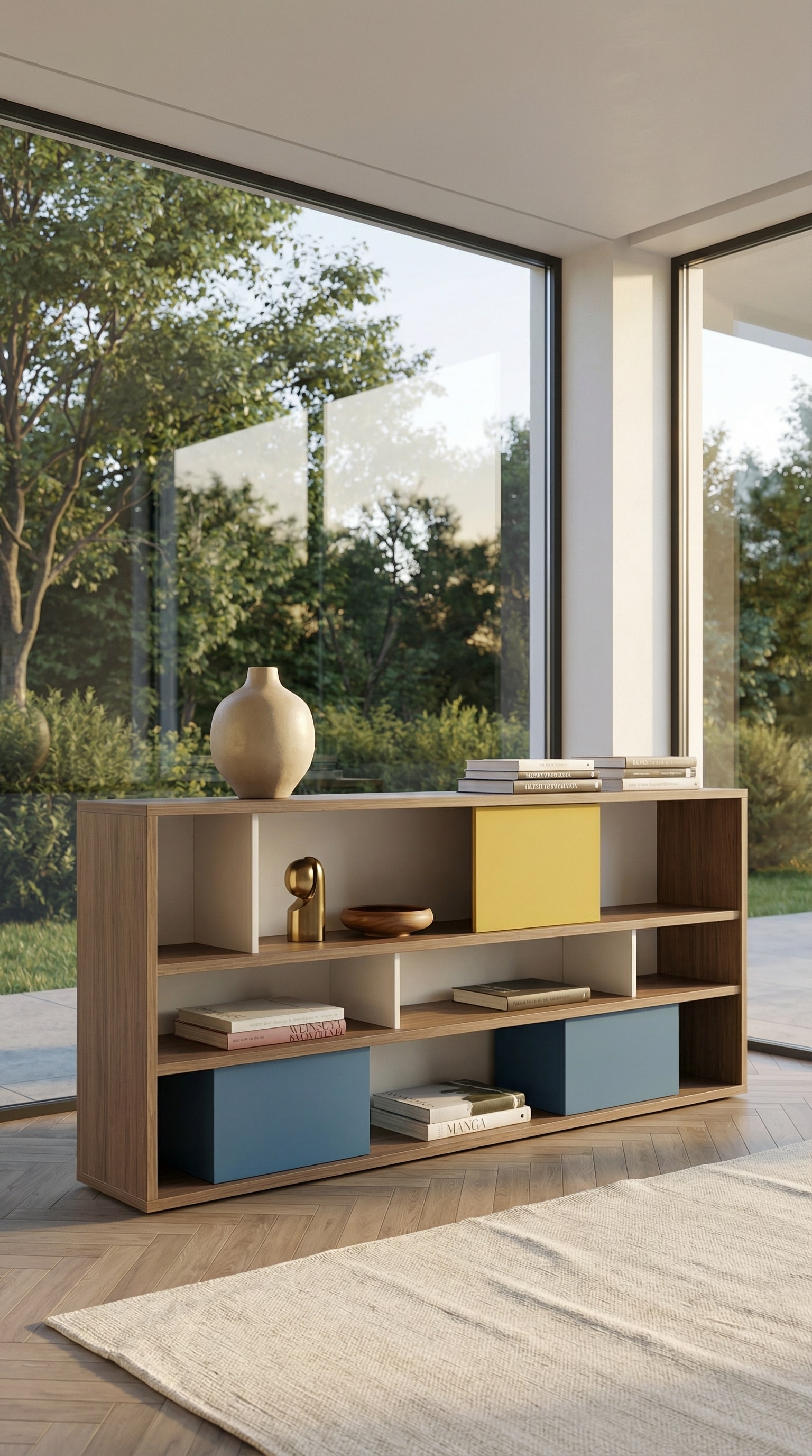 &Eacute;tag&egrave;re sur pied ouverte d&eacute;cor&eacute;e de mani&egrave;re minimaliste avec beaucoup d'espace libre