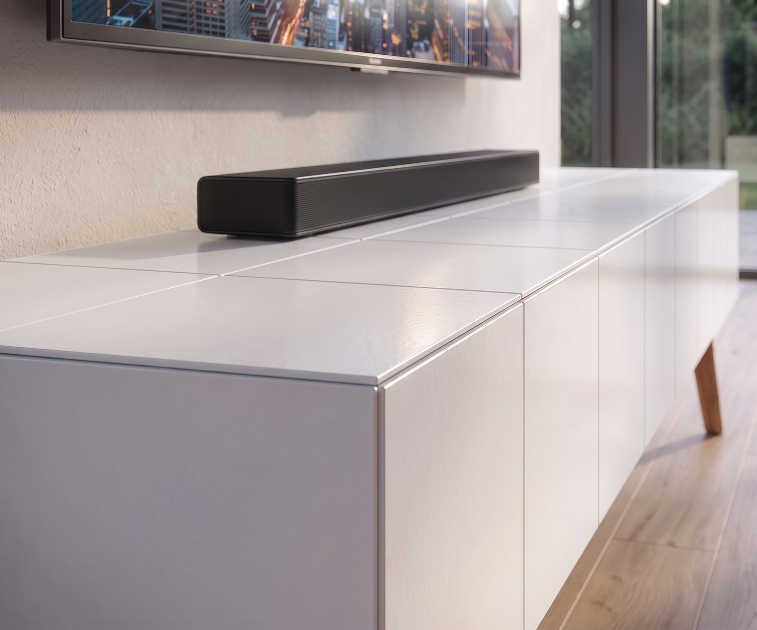 Meuble TV lowboard al2 MOS-I-KO 005 B blanc pour salon, style moderne et épuré avec pieds en bois.
