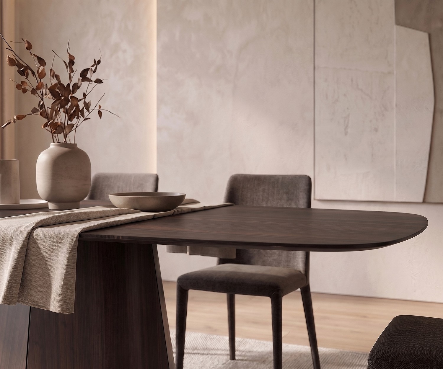 Table à manger al2 tessera 001 pour salle à manger en bois foncé, table ovale design au style minimaliste et chaleureux.