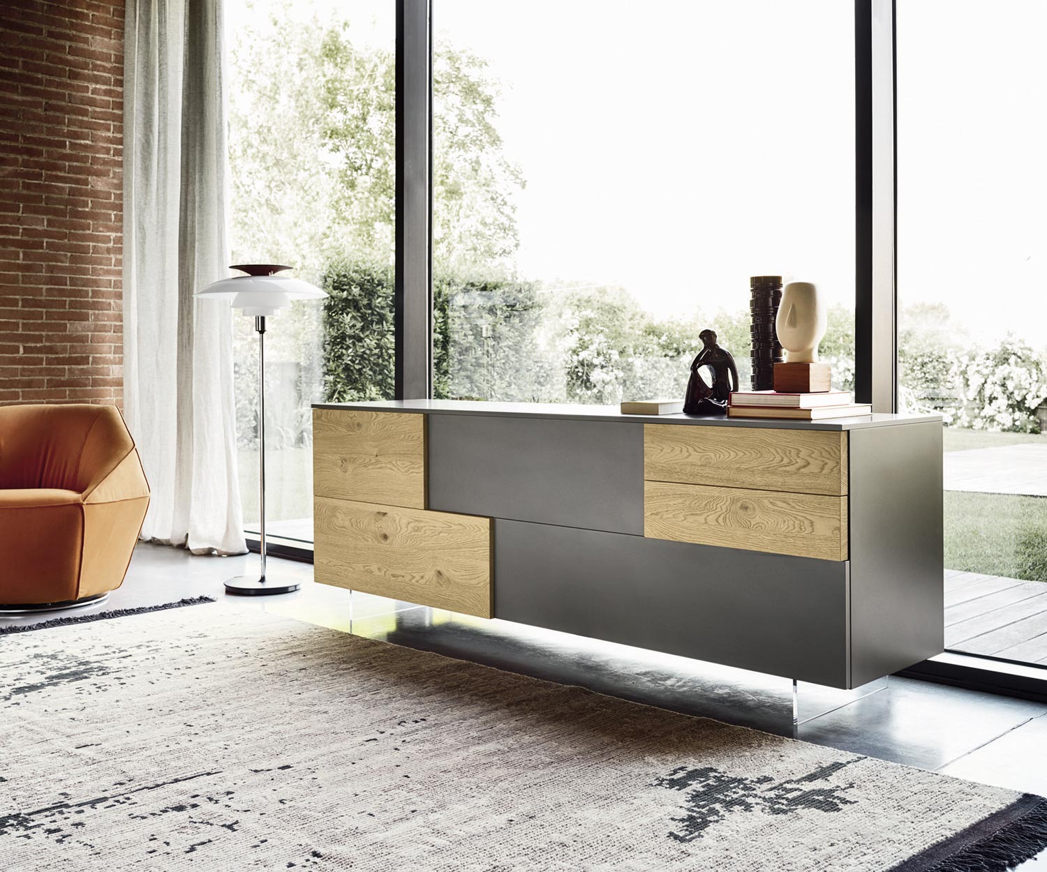 Exclusif Livitalia Design Sideboard Incontro laque mate gris foncé chêne véritable Exclusif Livitalia Design Sideboard Incontro laque mate gris foncé chêne véritable