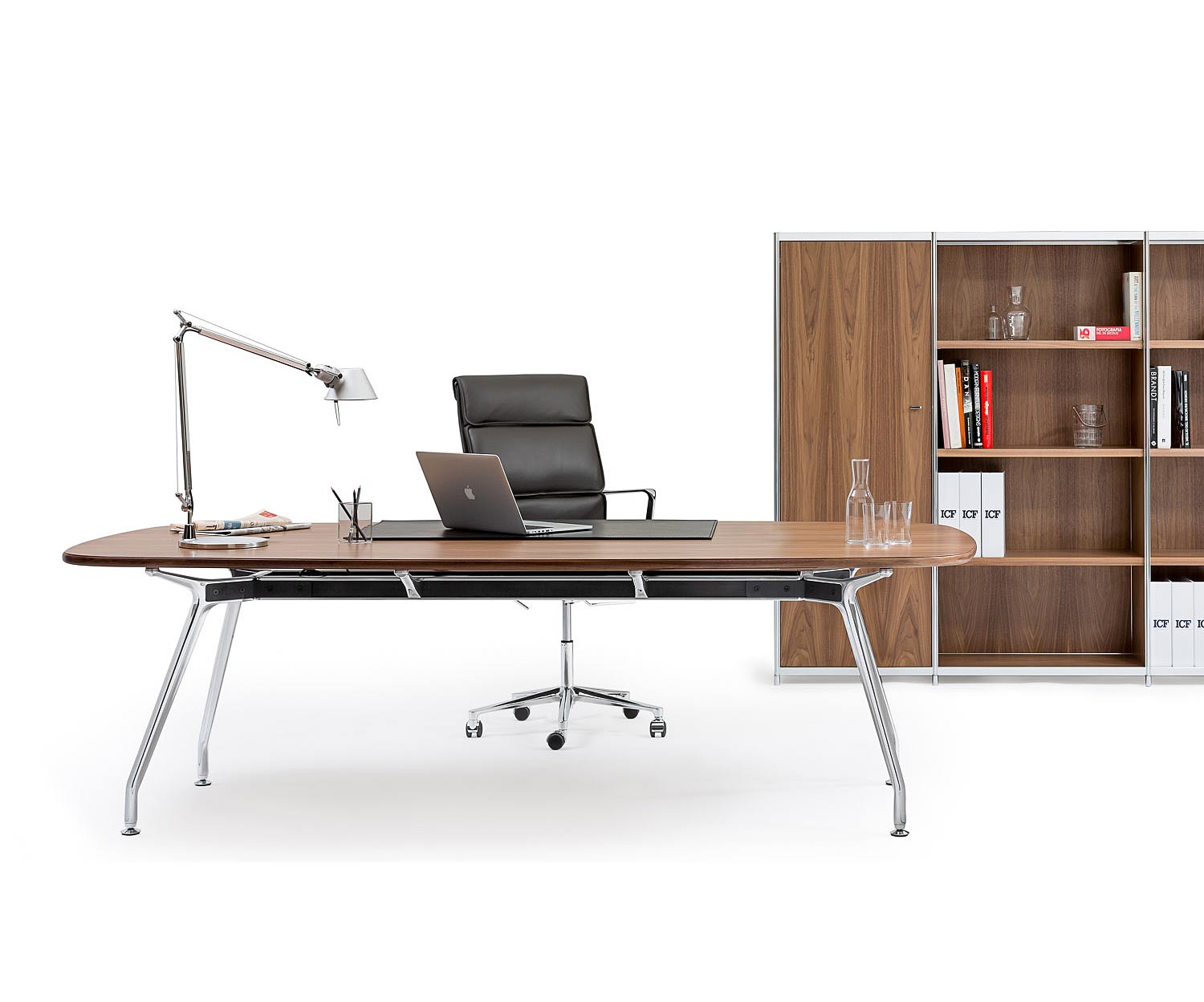 Exclusif ICF Unitable Manager Aluminium Table de travail design en noyer Exclusif ICF Unitable Manager Aluminium Table de travail design en noyer