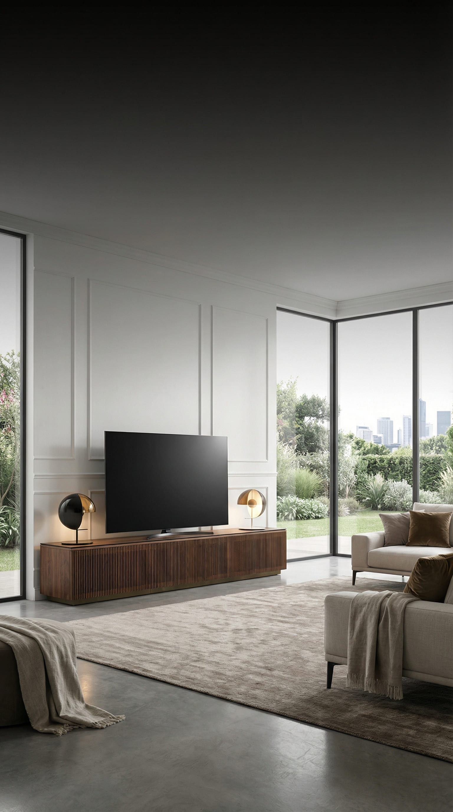 Meuble bas Punt Malmö avec façade à lattes en noyer et luminaire design Meuble bas Punt Malmö avec façade à lattes en noyer et luminaire design