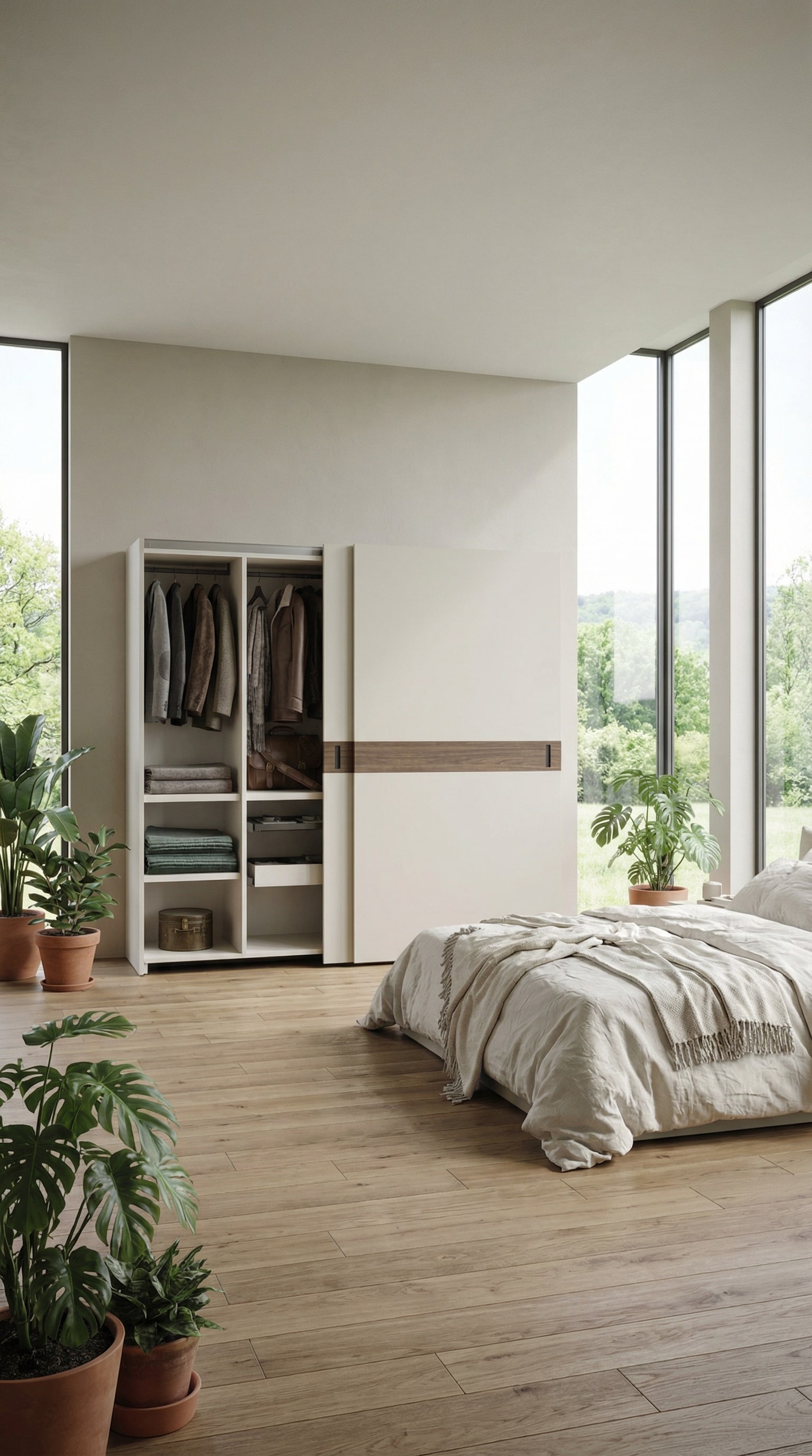 Chambre à coucher avec des éléments naturels et l'armoire Novamobili Class Portes Coulissantes, qui présente une large application horizontale en bois. Chambre à coucher avec des éléments naturels et l'armoire Novamobili Class Portes Coulissantes, qui présente une large application horizontale en bois.