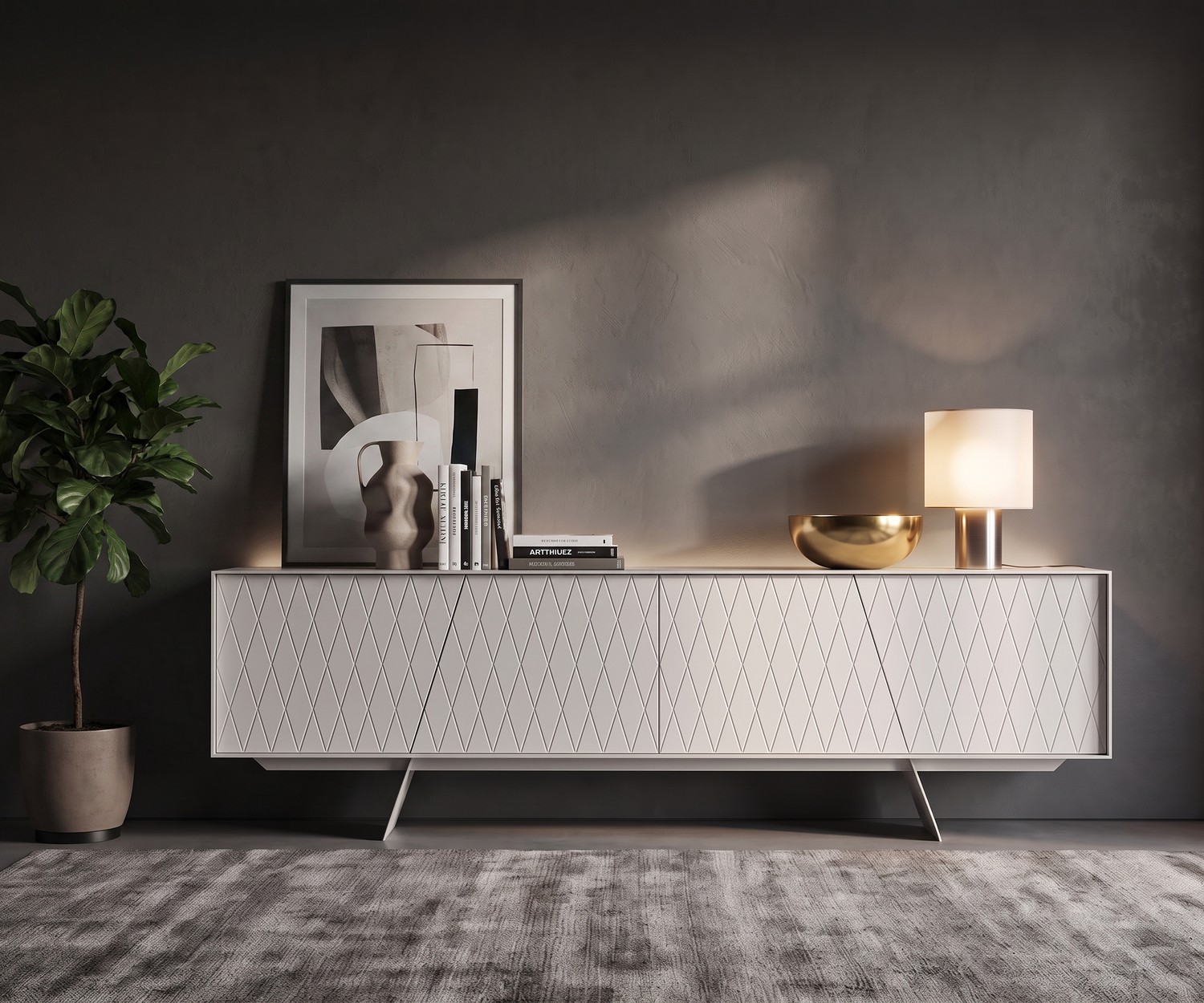 Buffet design blanc al2 e-klipse 003 Buffet al2 e-klipse 003 avec motif à losanges dans un salon moderne, buffet design blanc devant un mur gris.