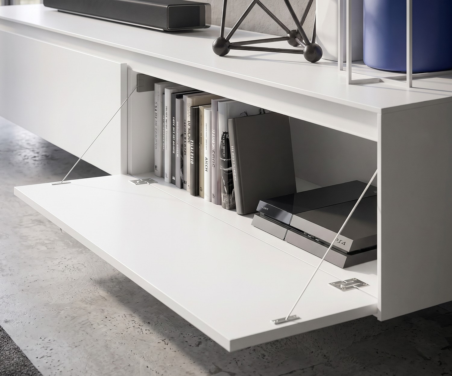 Meuble TV Novamobili Reverse blanc mat avec porte abattante Meuble TV bas Novamobili Reverse pour salon avec porte abattante ouverte, rangement pour console de jeux, blanc mat moderne