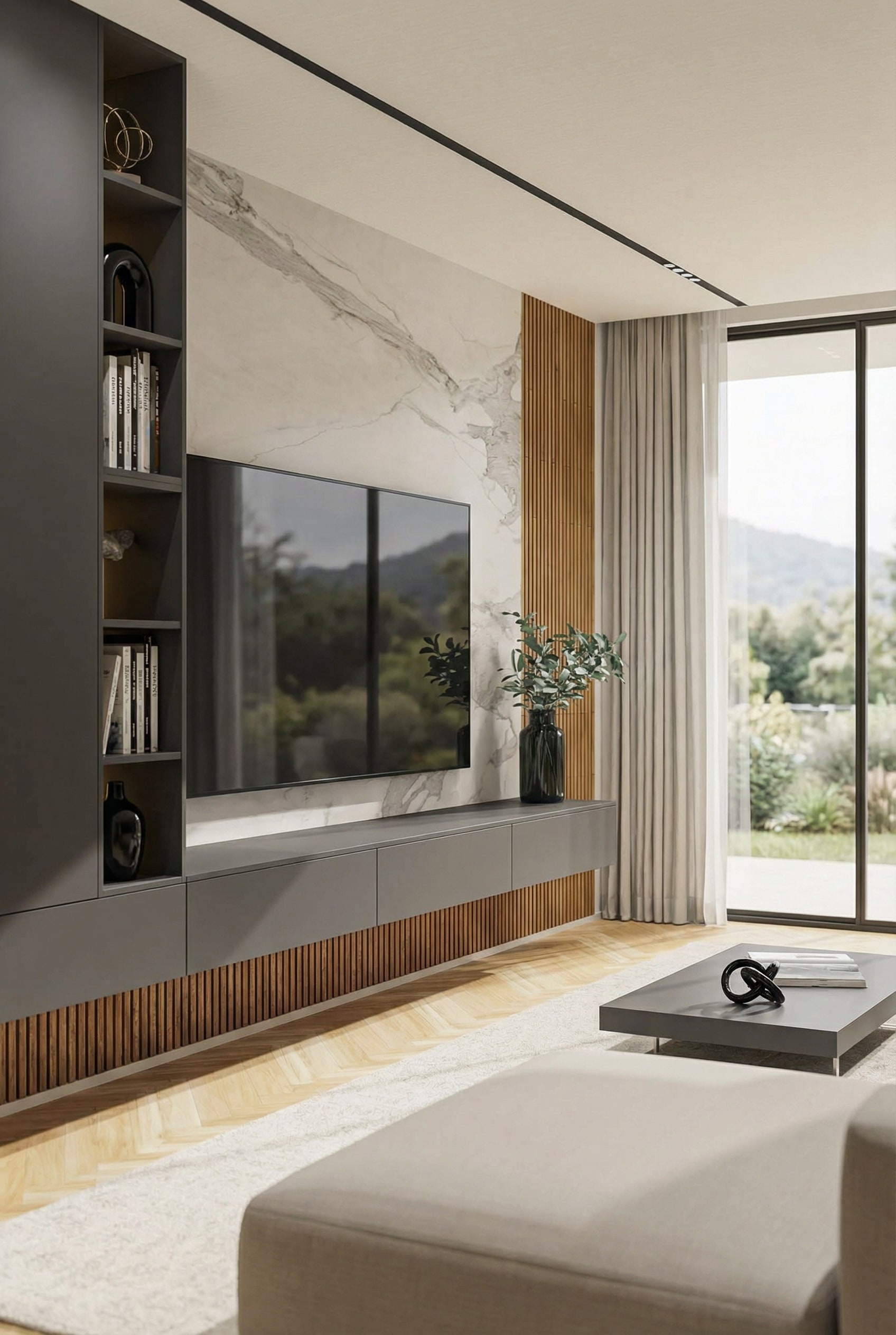 Meuble TV mural avec un fort contraste de mat&eacute;riaux entre la laque et le bois nervur&eacute;